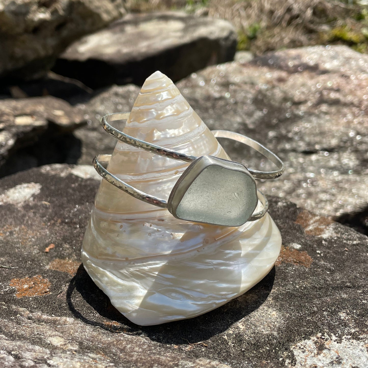 Pale Ice Blue Sea Glass Double Cuff Bracelet
