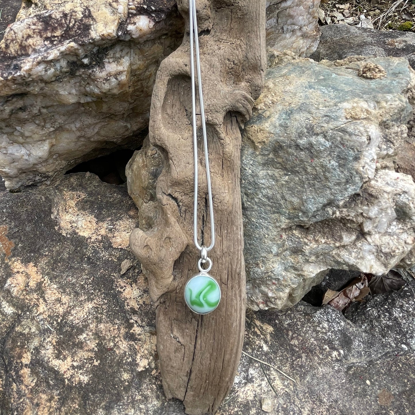 Swirling Green and White Sea Glass Marble Pendant