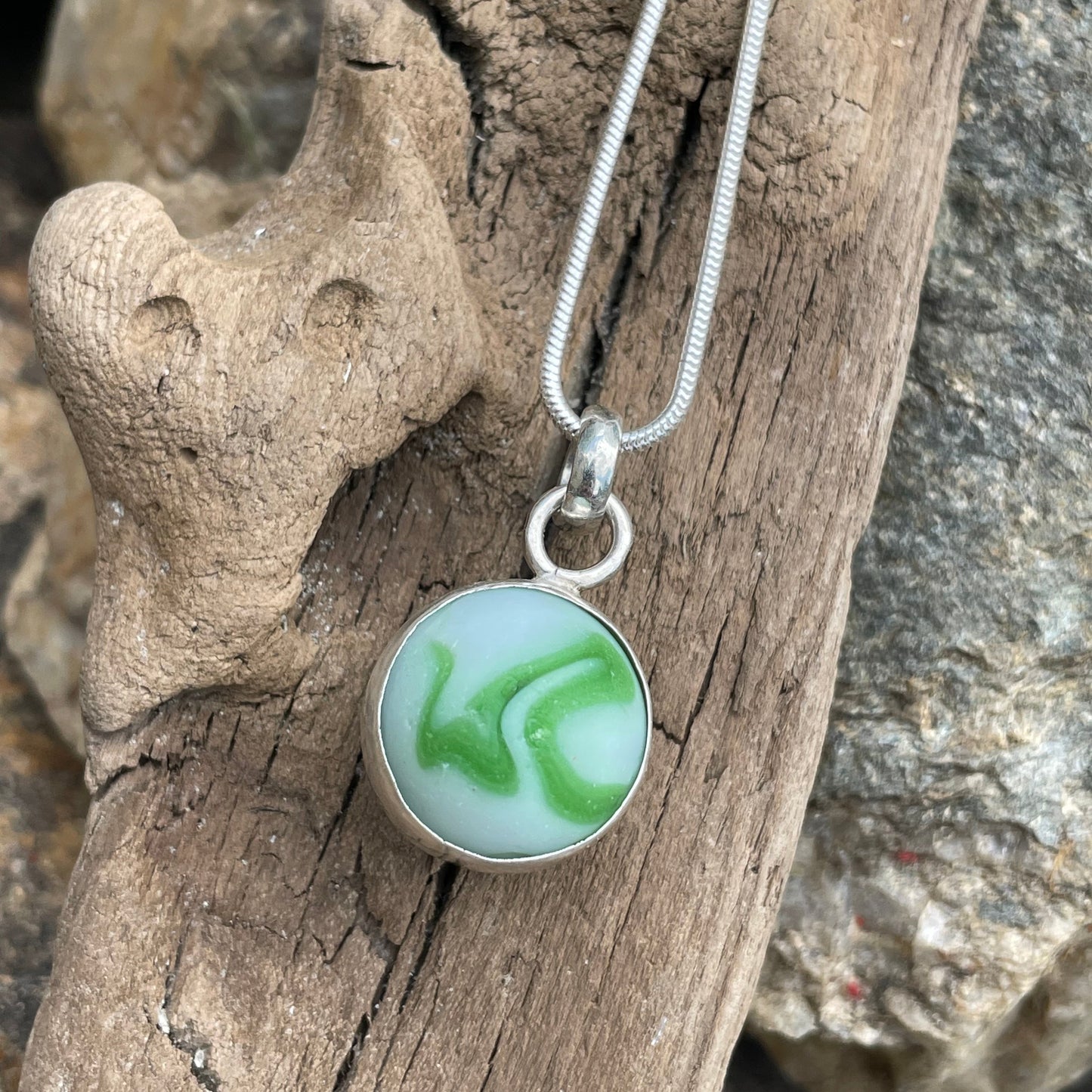 Swirling Green and White Sea Glass Marble Pendant