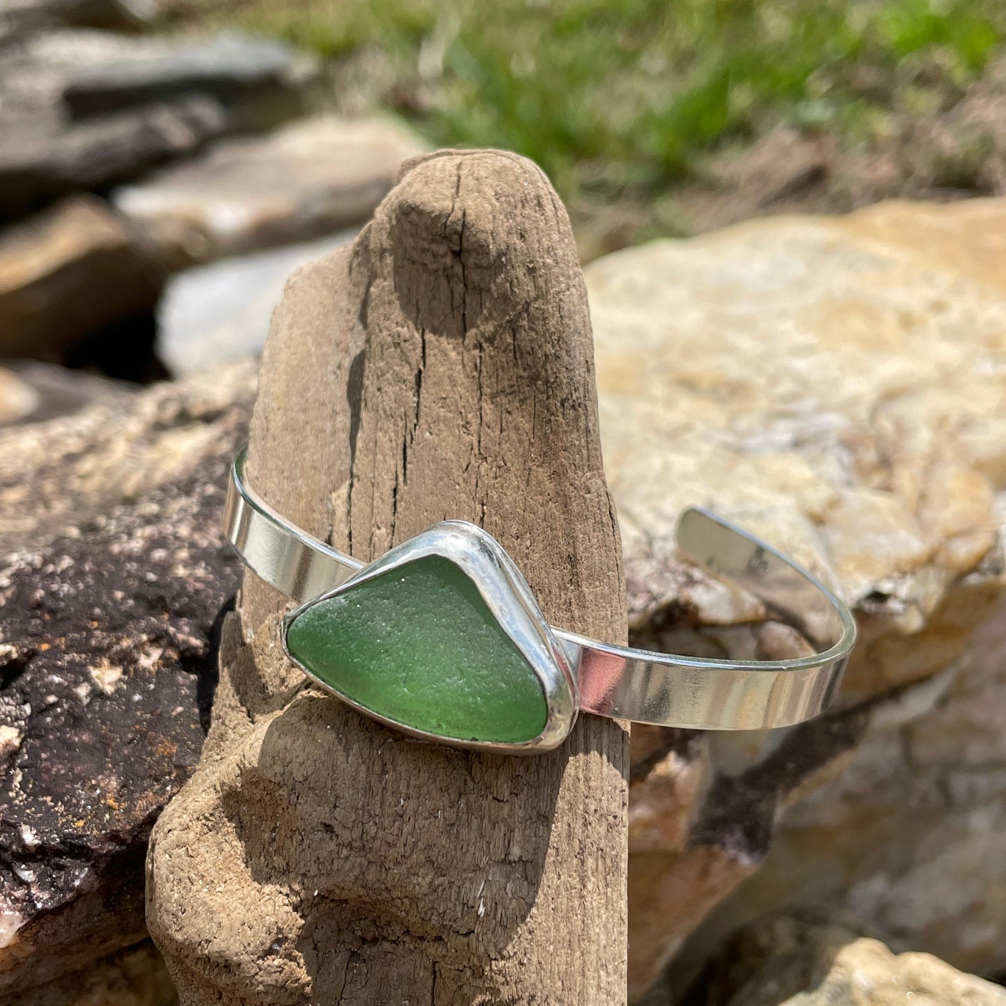 Soft Green Sea Glass Cuff Bracelet