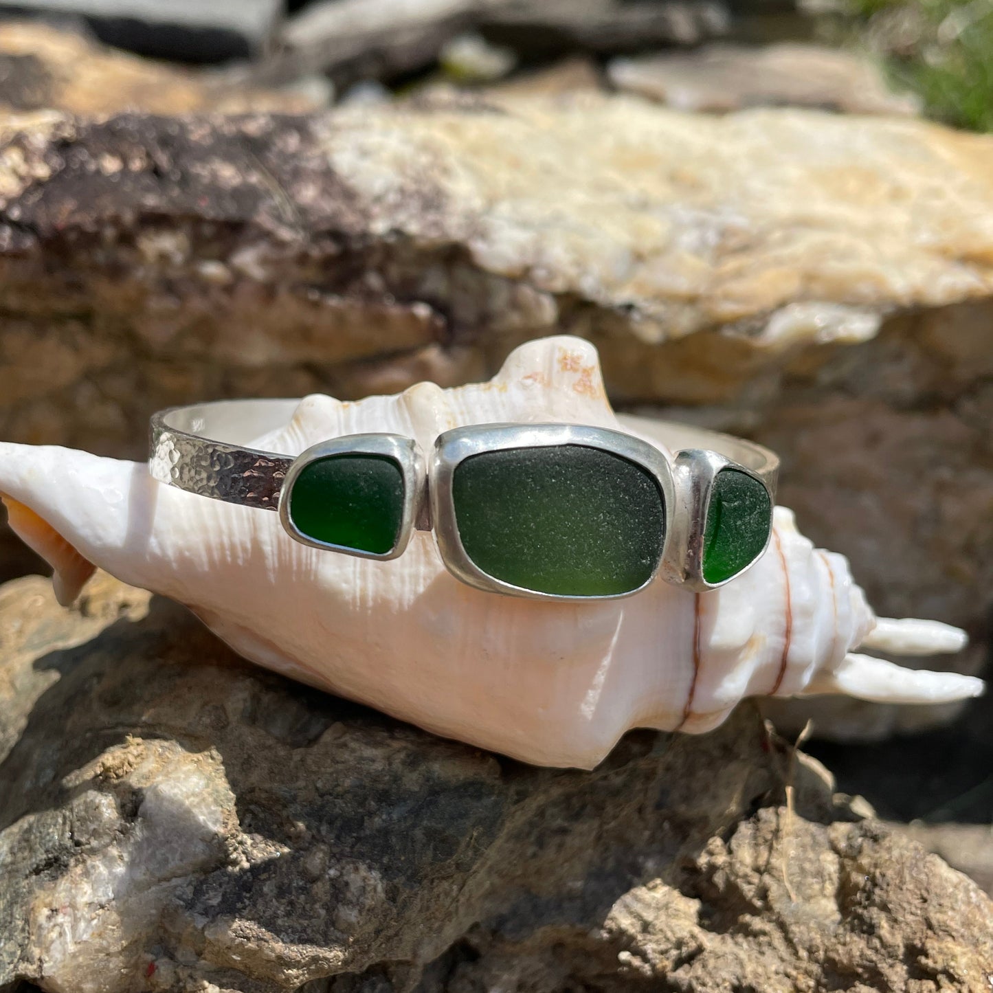 Forest Green and Kelly Green Three Piece Sea Glass Cuff Bracelet