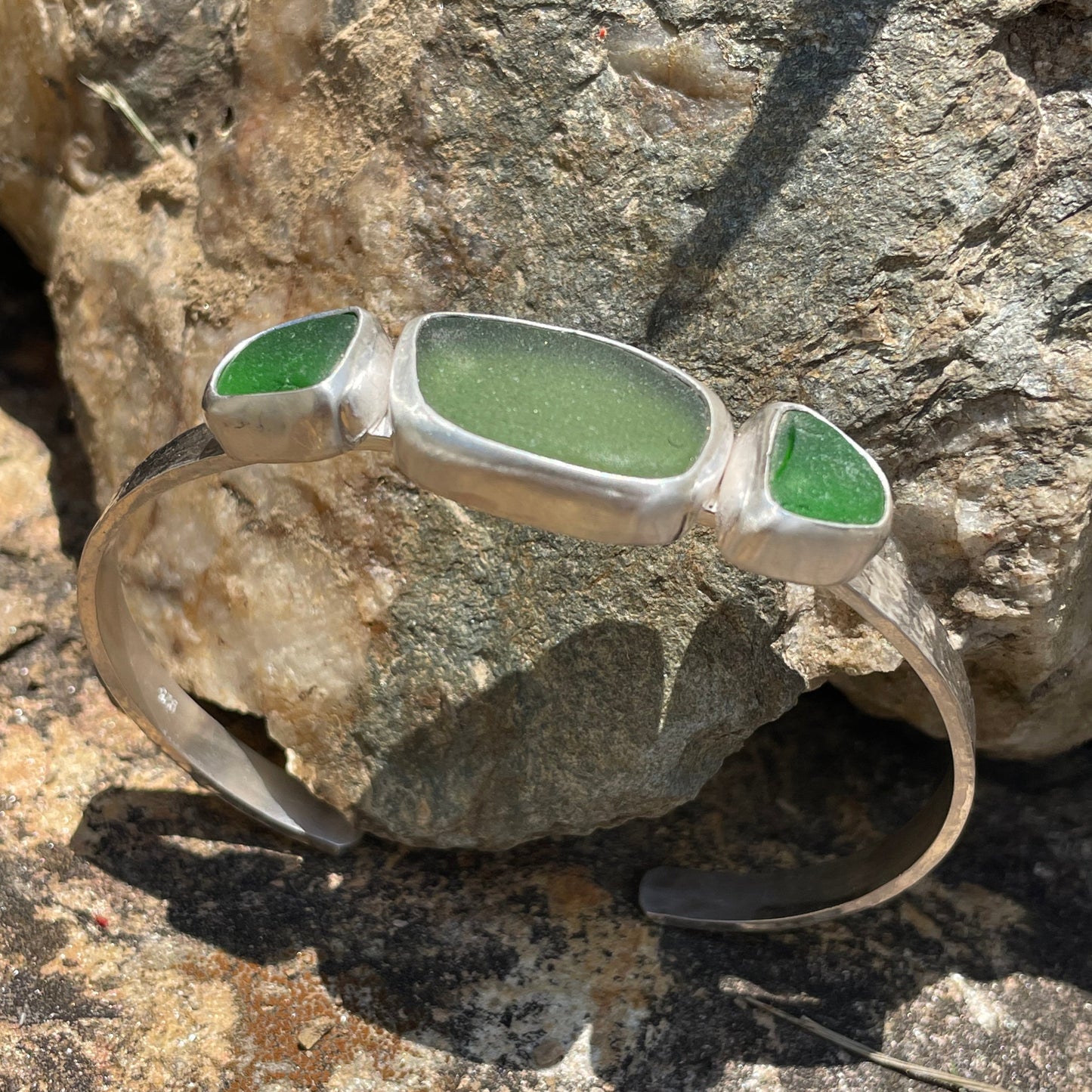 Forest Green and Kelly Green Three Piece Sea Glass Cuff Bracelet