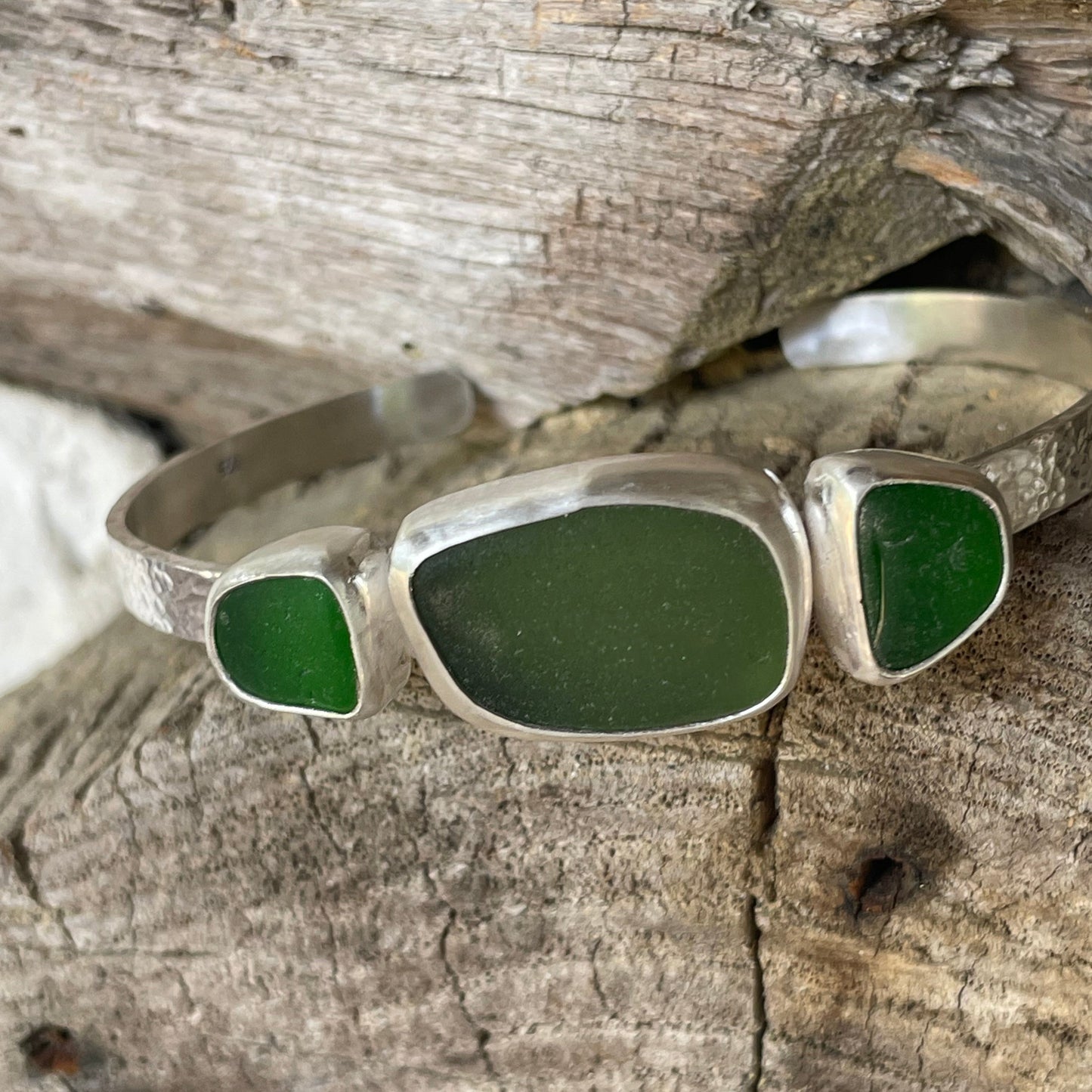 Forest Green and Kelly Green Three Piece Sea Glass Cuff Bracelet