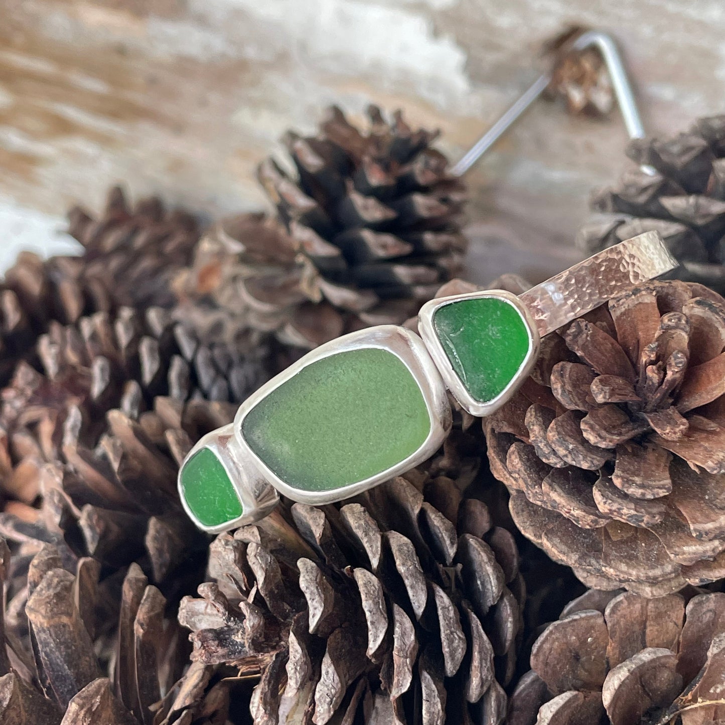 Forest Green and Kelly Green Three Piece Sea Glass Cuff Bracelet