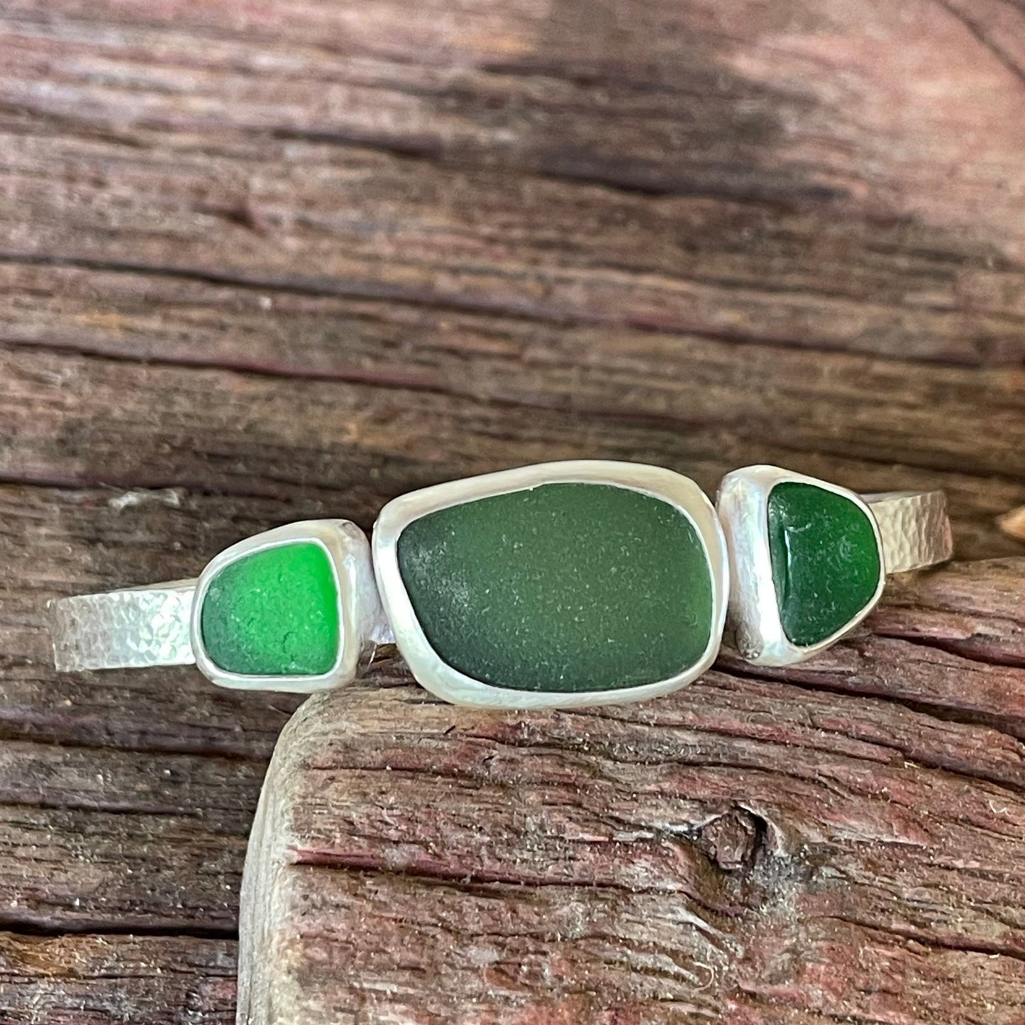 Forest Green and Kelly Green Three Piece Sea Glass Cuff Bracelet