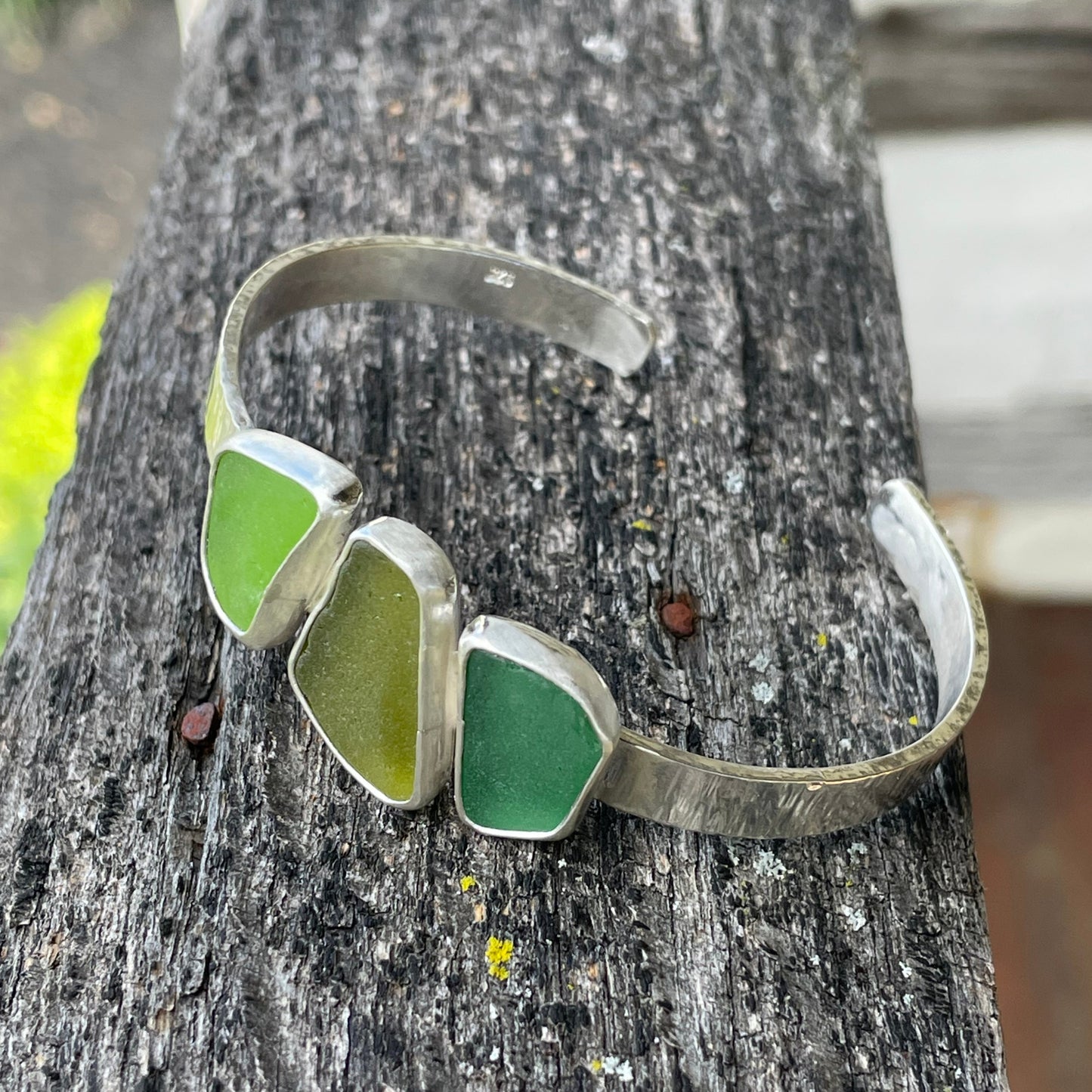 Lime Gree, Olive yellow and Light Sage Green Three Piece Sea Glass Cuff Bracelet