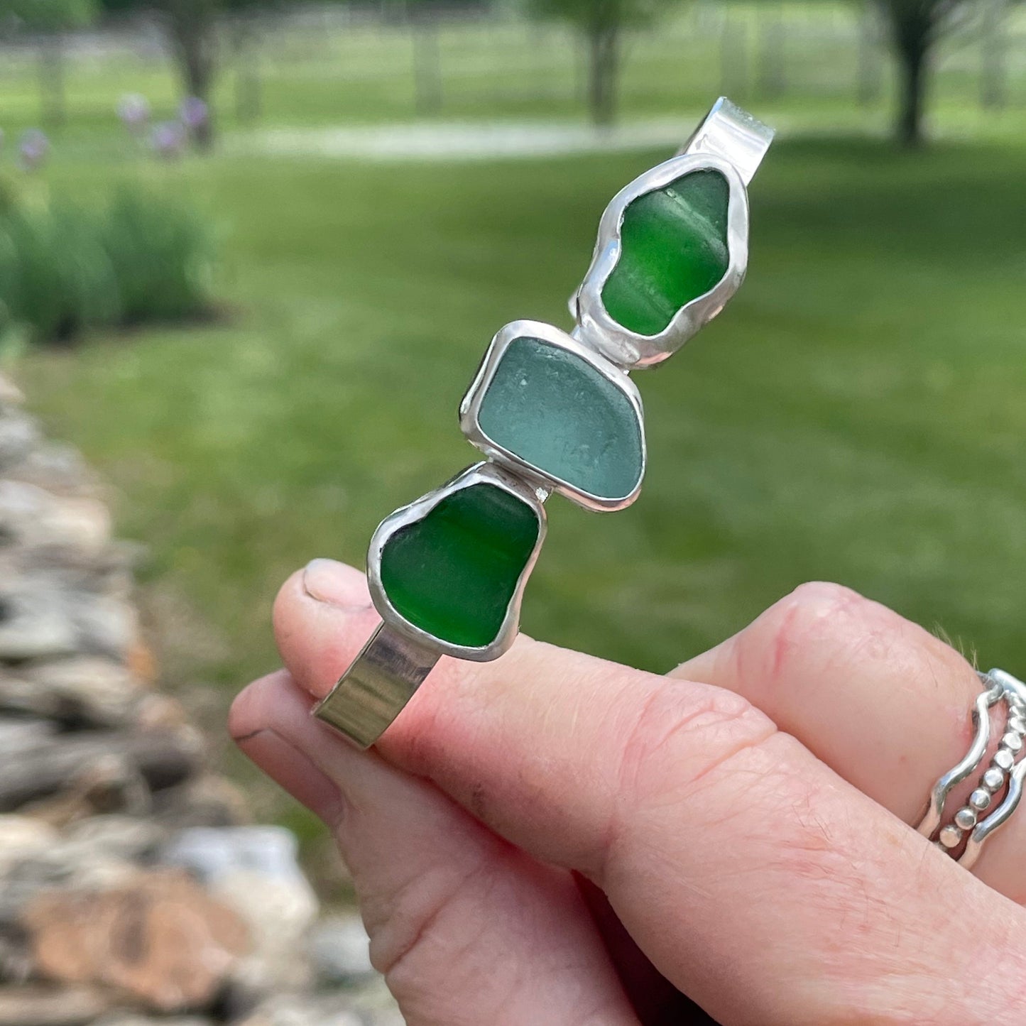 Light AquaMarine and Kelly Green Three Piece Sea Glass Cuff Bracelet