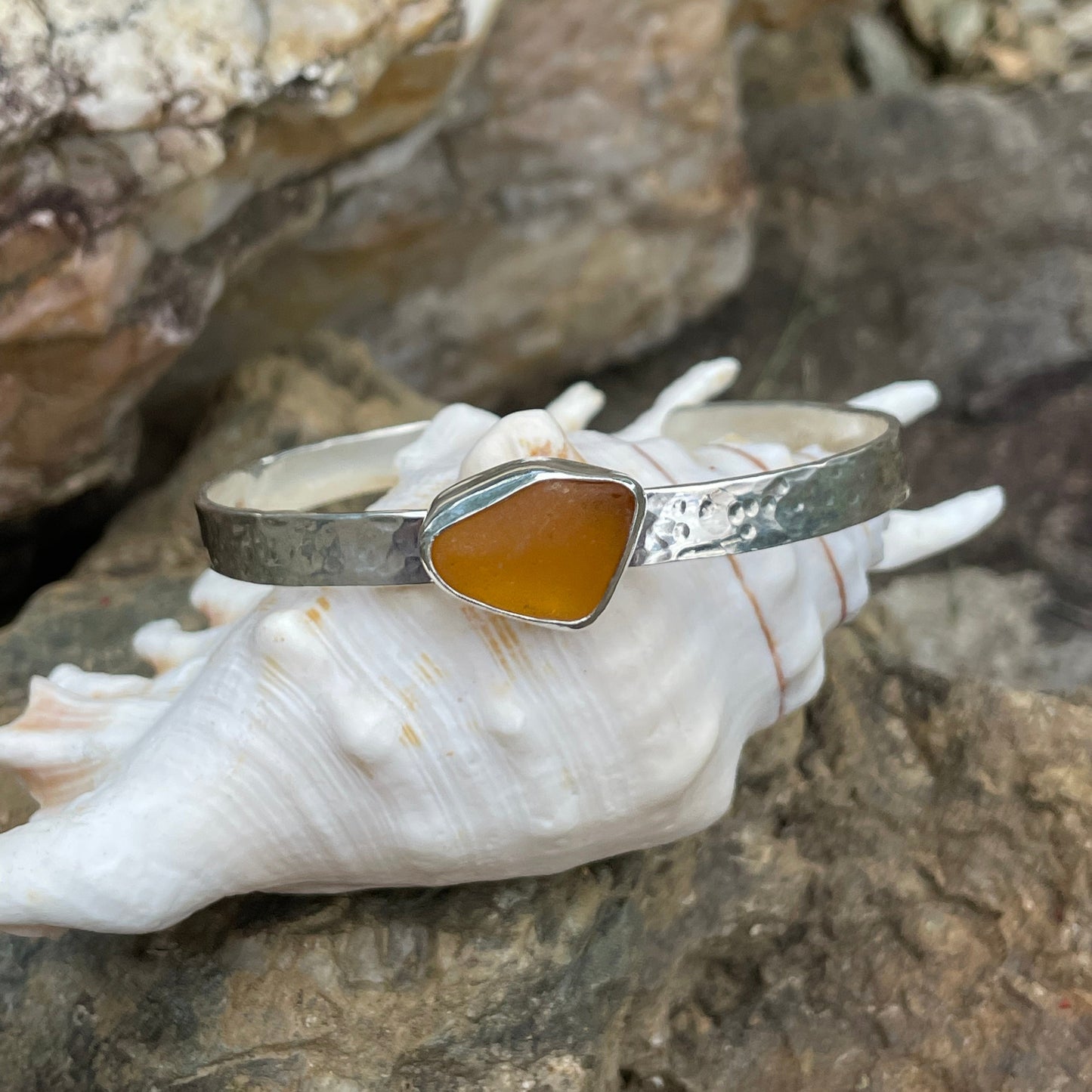 Khaki/Peach Sea Glass Cuff Bracelet