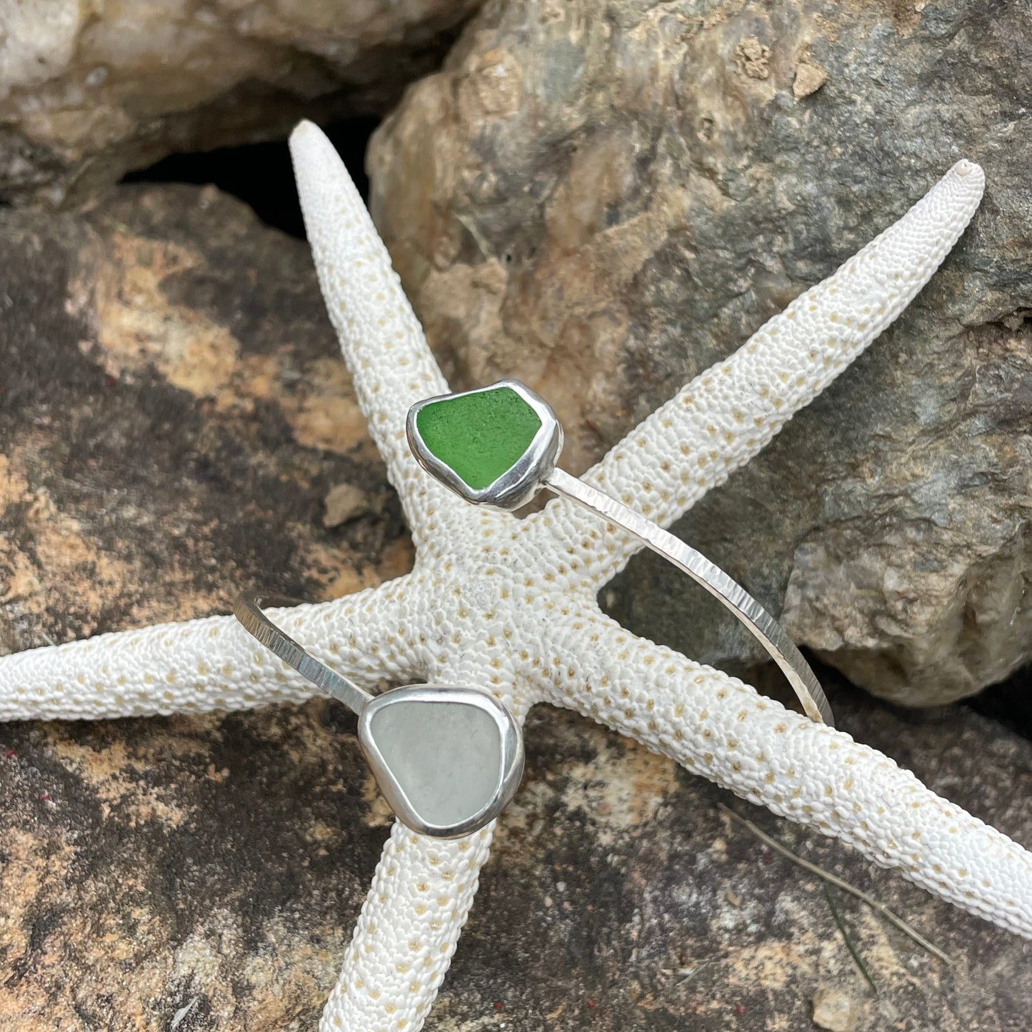 Kelly Green and White Sea Glass Arm Cuff- 9.5