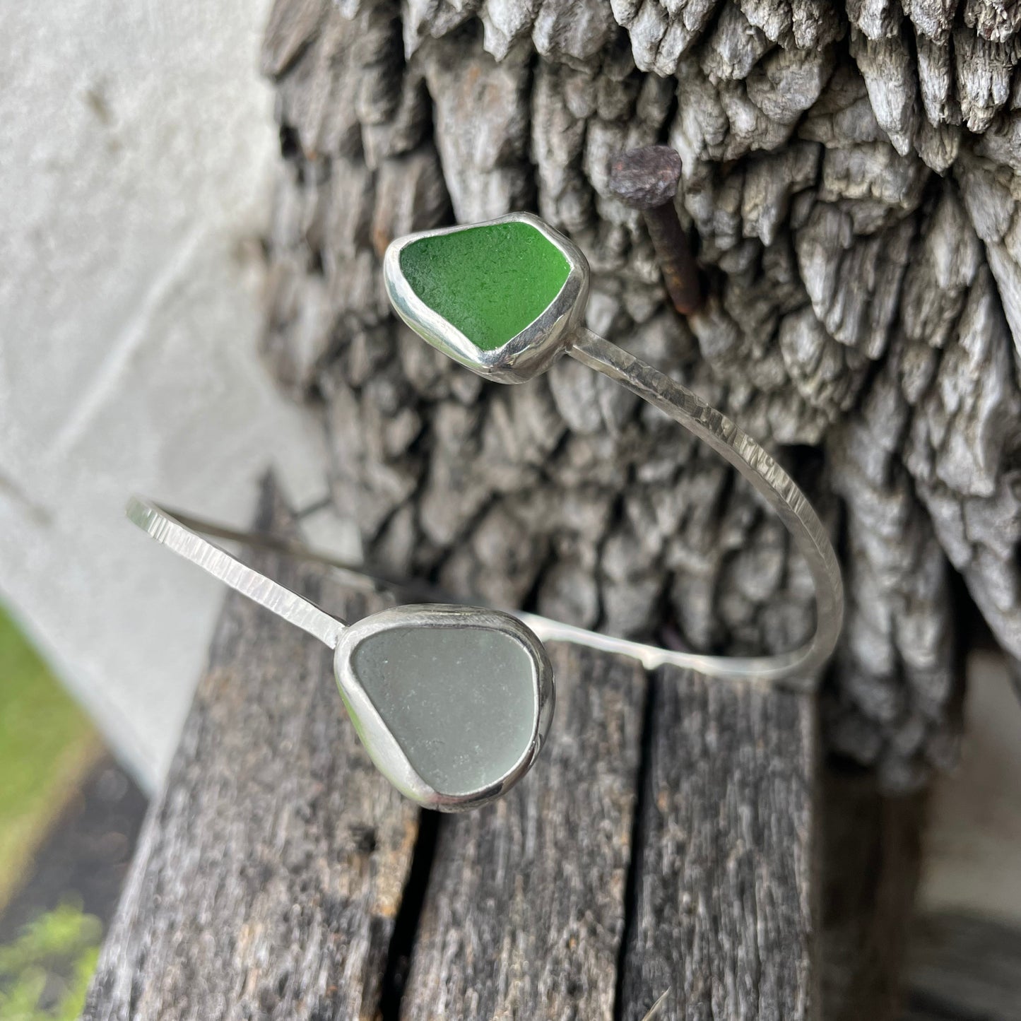 Kelly Green and White Sea Glass Arm Cuff- 9.5