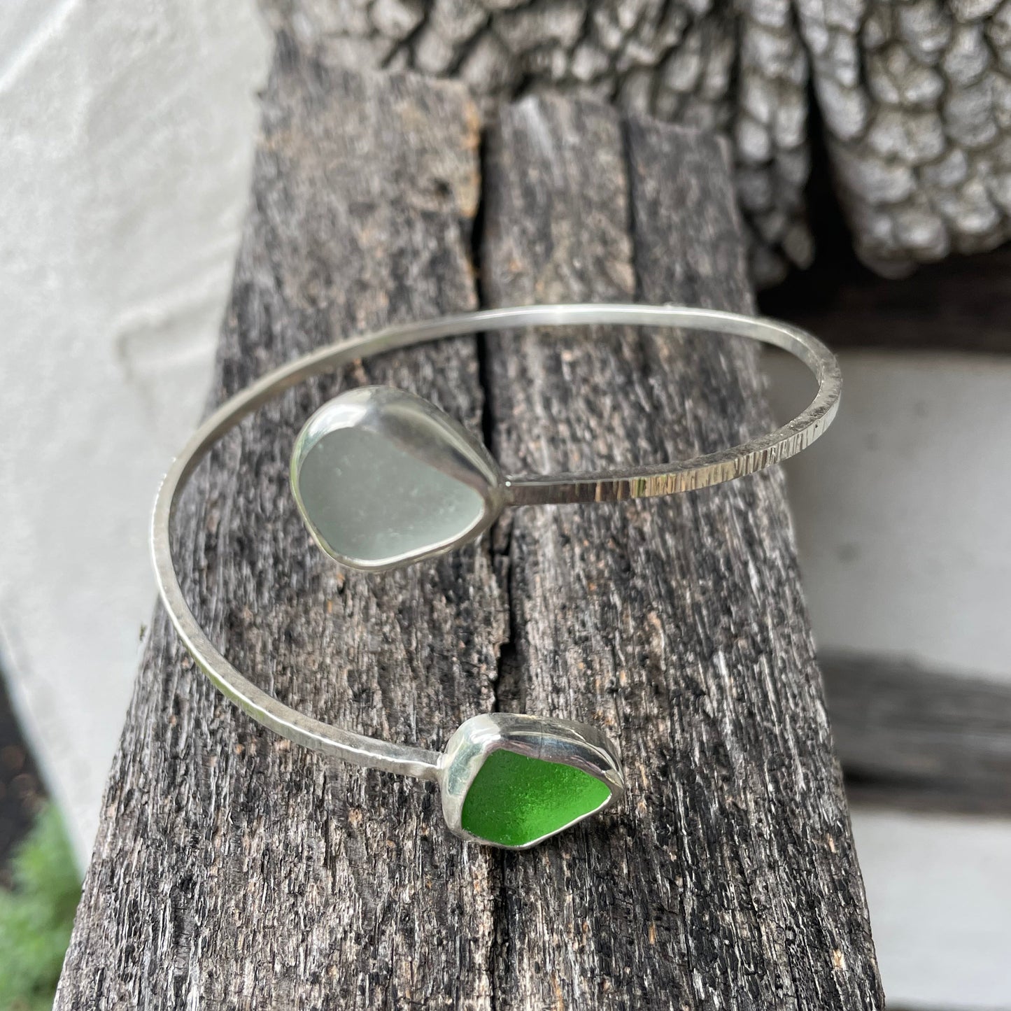 Kelly Green and White Sea Glass Arm Cuff- 9.5