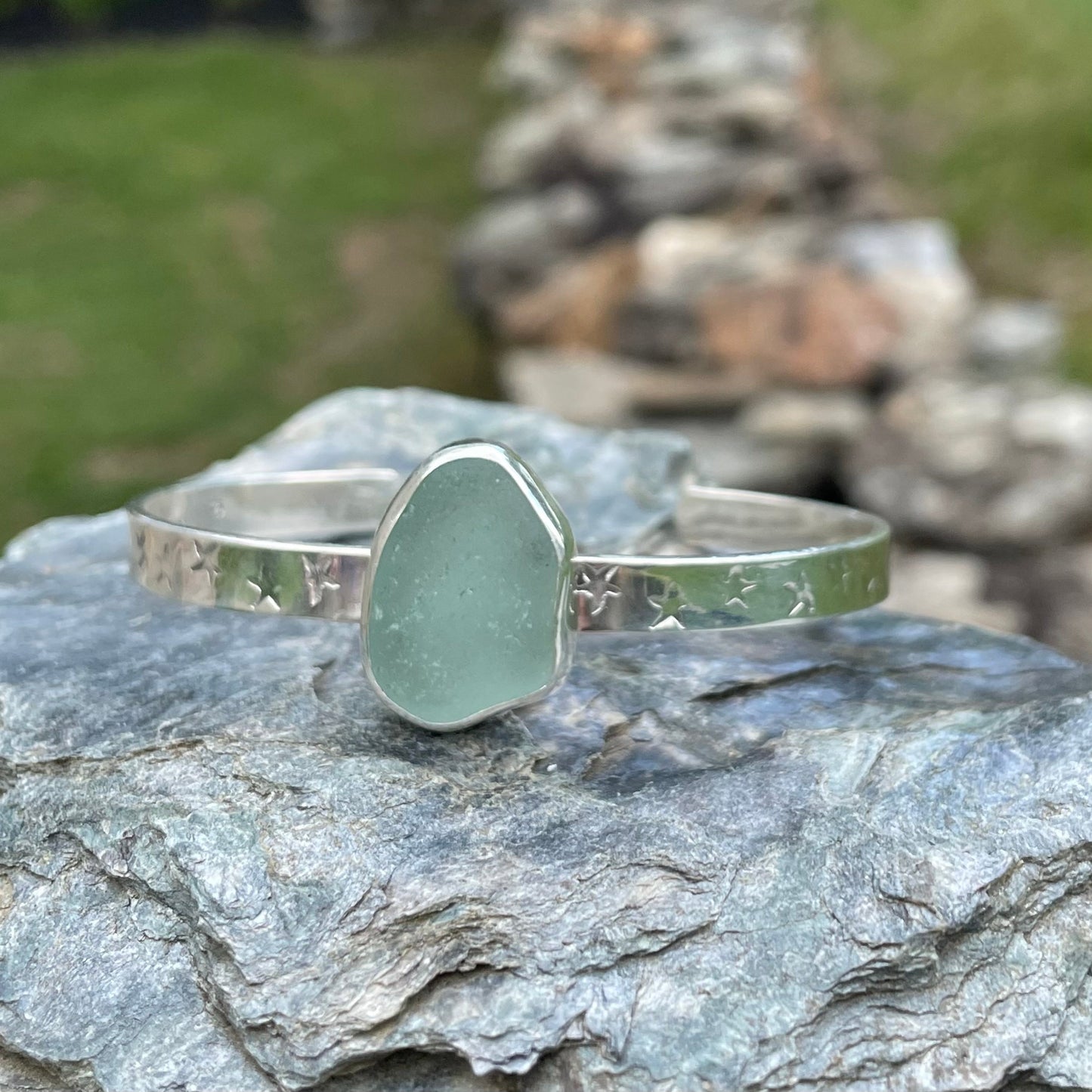 Star Sea Foam Green Sea Glass Cuff Bracelet