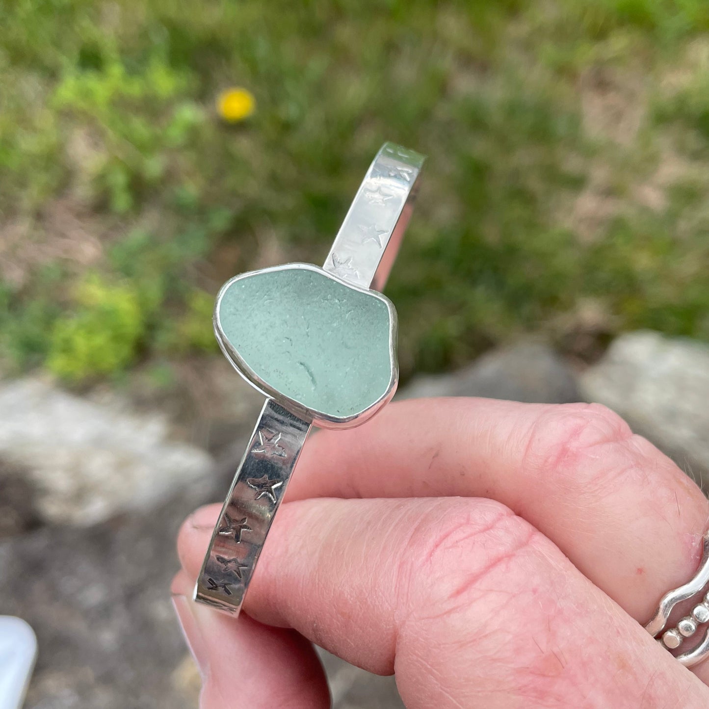 Star Sea Foam Green Sea Glass Cuff Bracelet