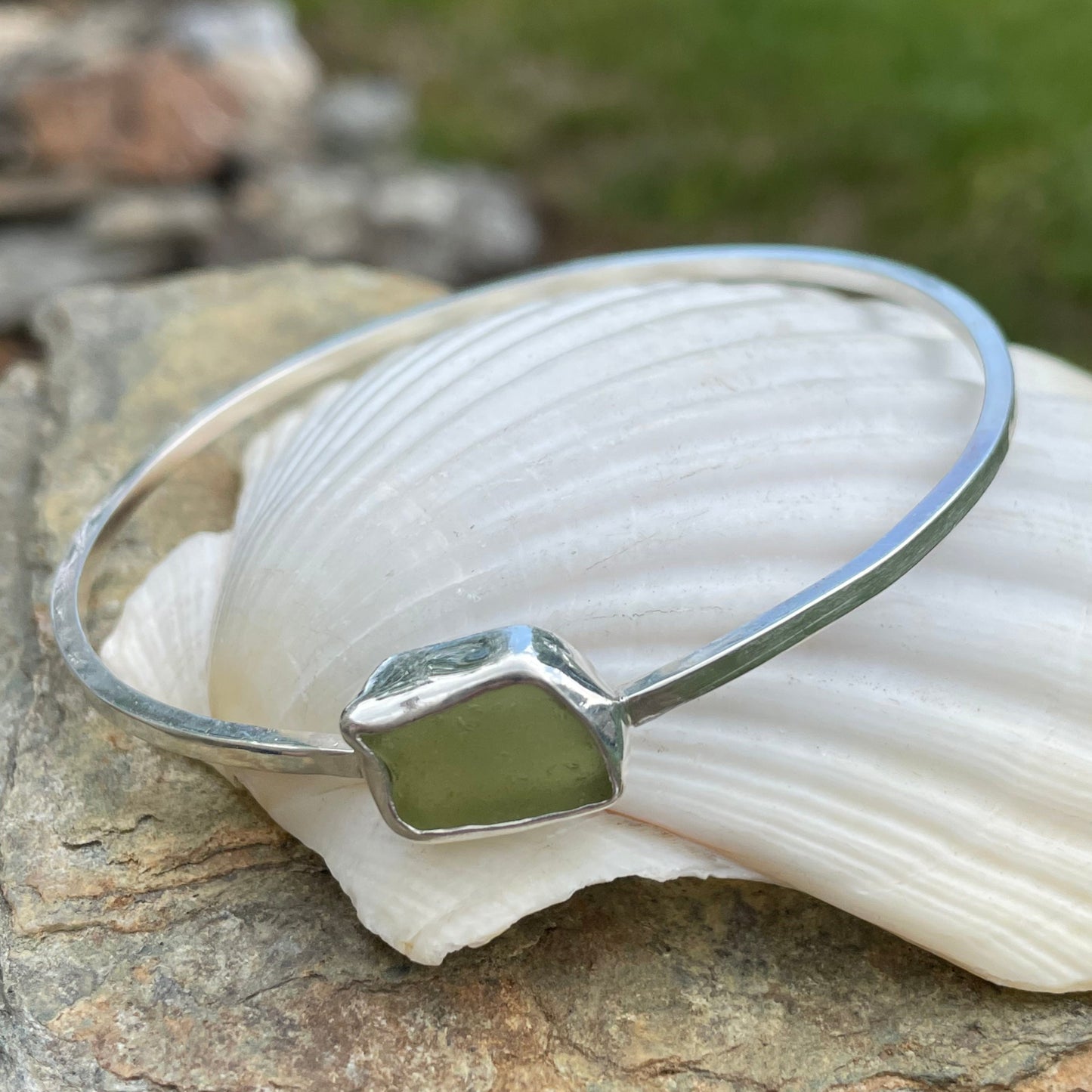 Pale Olive Green Sea Glass Dangle Bangle - Size Medium