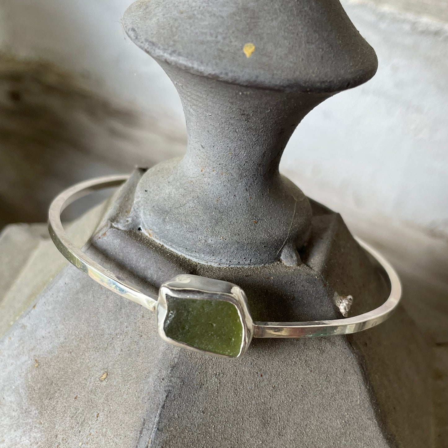 Pale Olive Green Sea Glass Dangle Bangle - Size Medium
