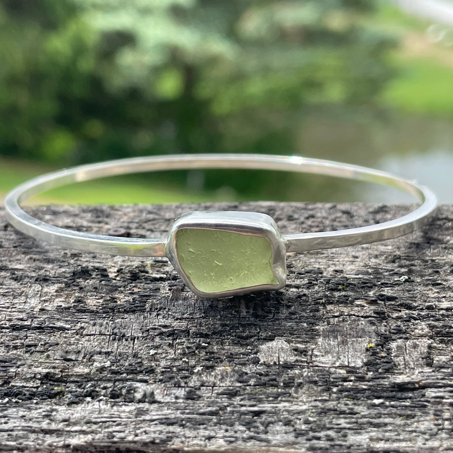 Pale Olive Green Sea Glass Dangle Bangle - Size Medium