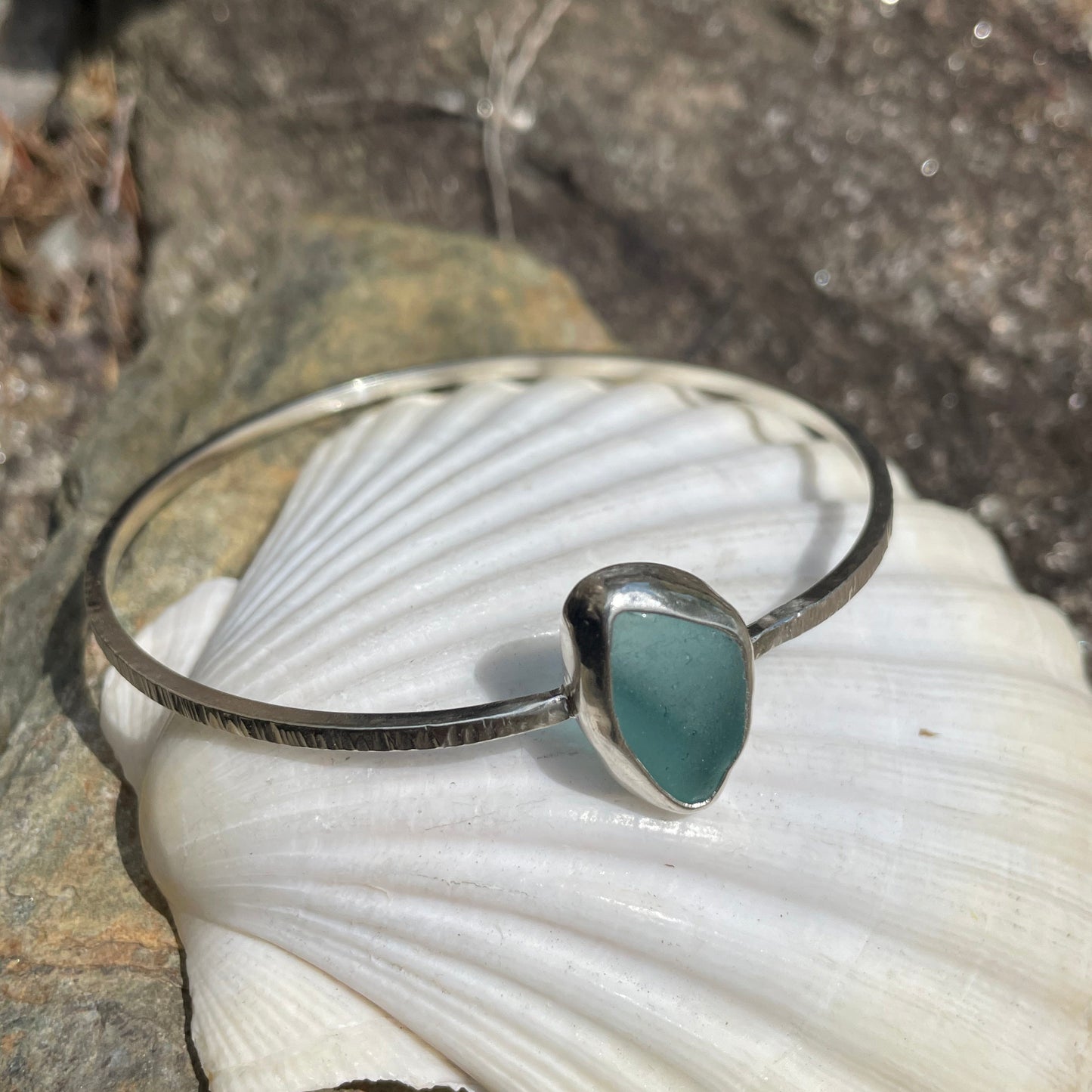 Steel Blue Sea Glass Dangle Bangle - Size Medium