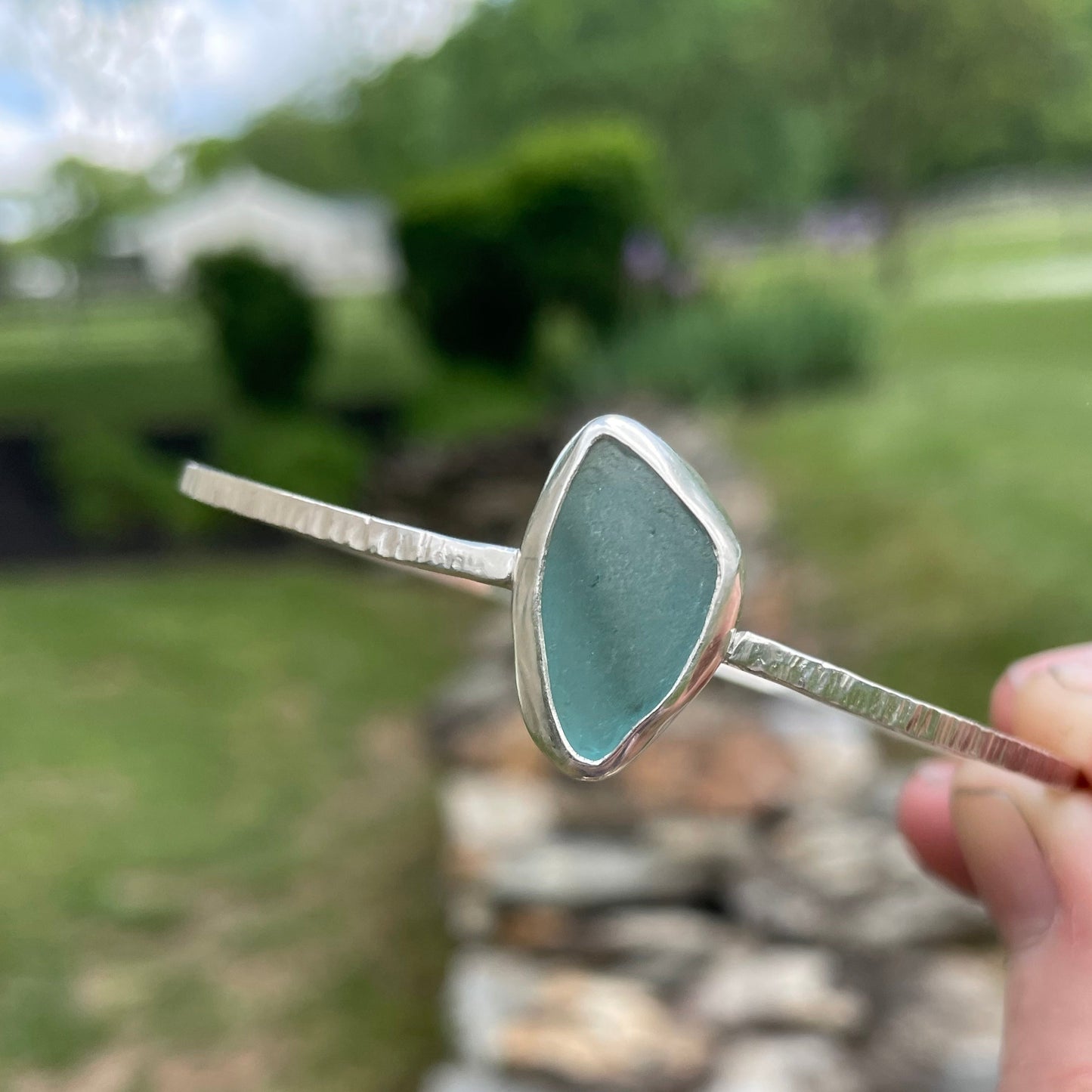 Steel Blue Sea Glass Dangle Bangle - Size Medium