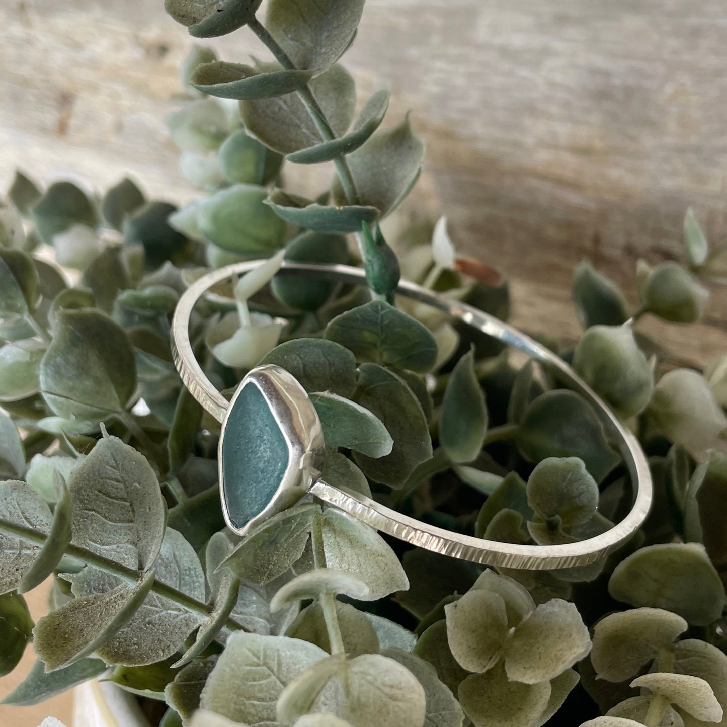 Steel Blue Sea Glass Dangle Bangle - Size Medium