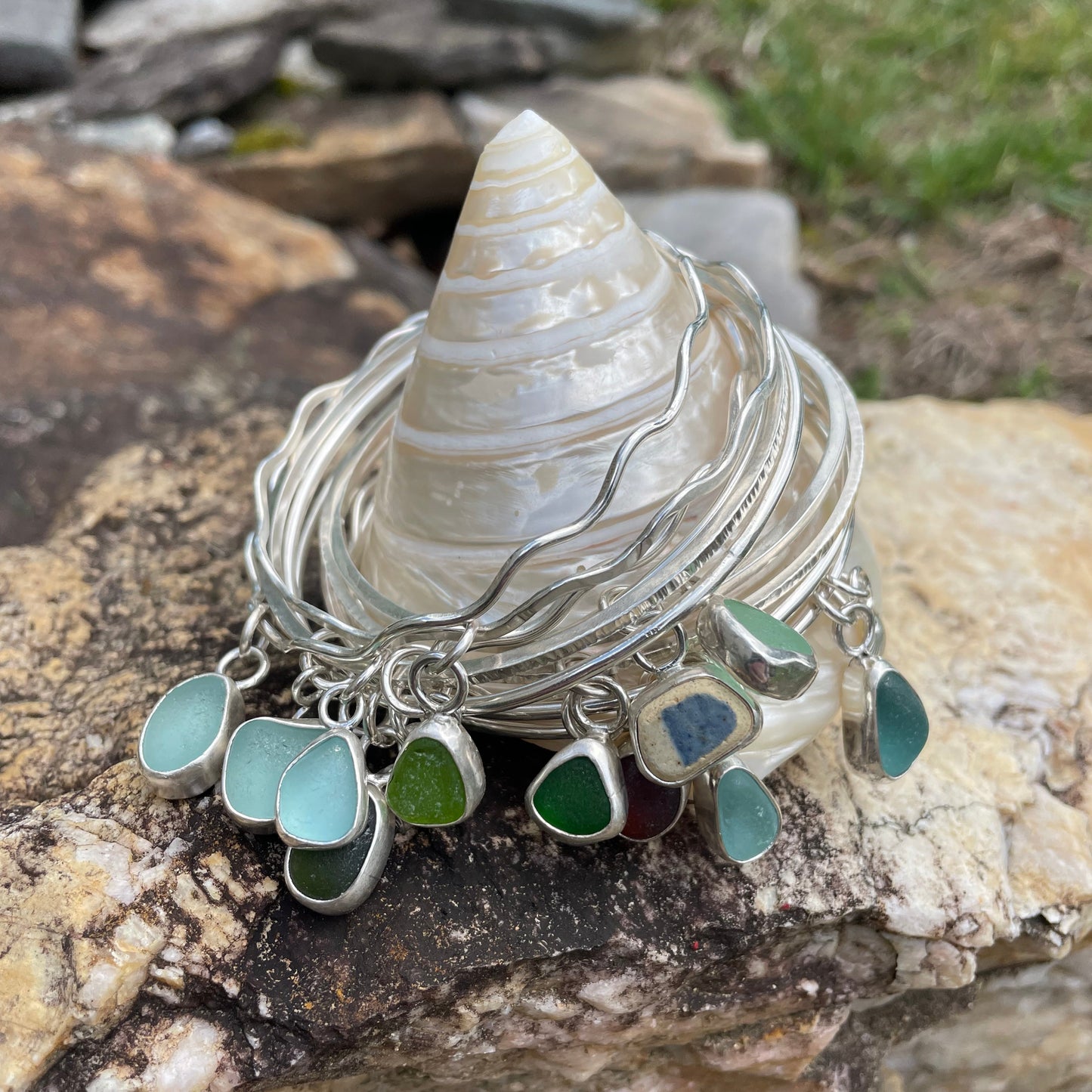 Light Teal Blue Sea Glass Dangle Bangle - Size Small