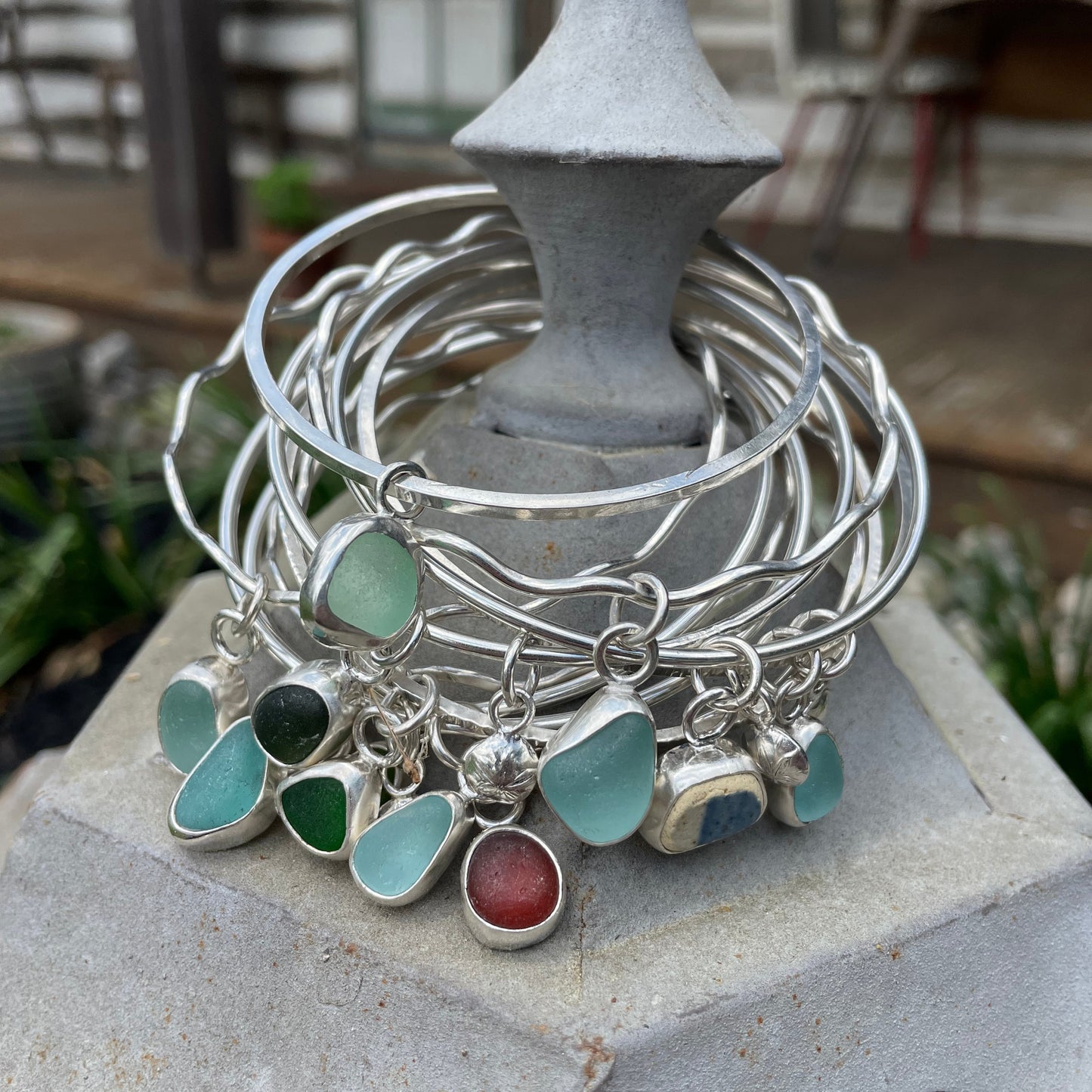 Light Aqua Marine Sea Glass Dangle Bangle - Size Large