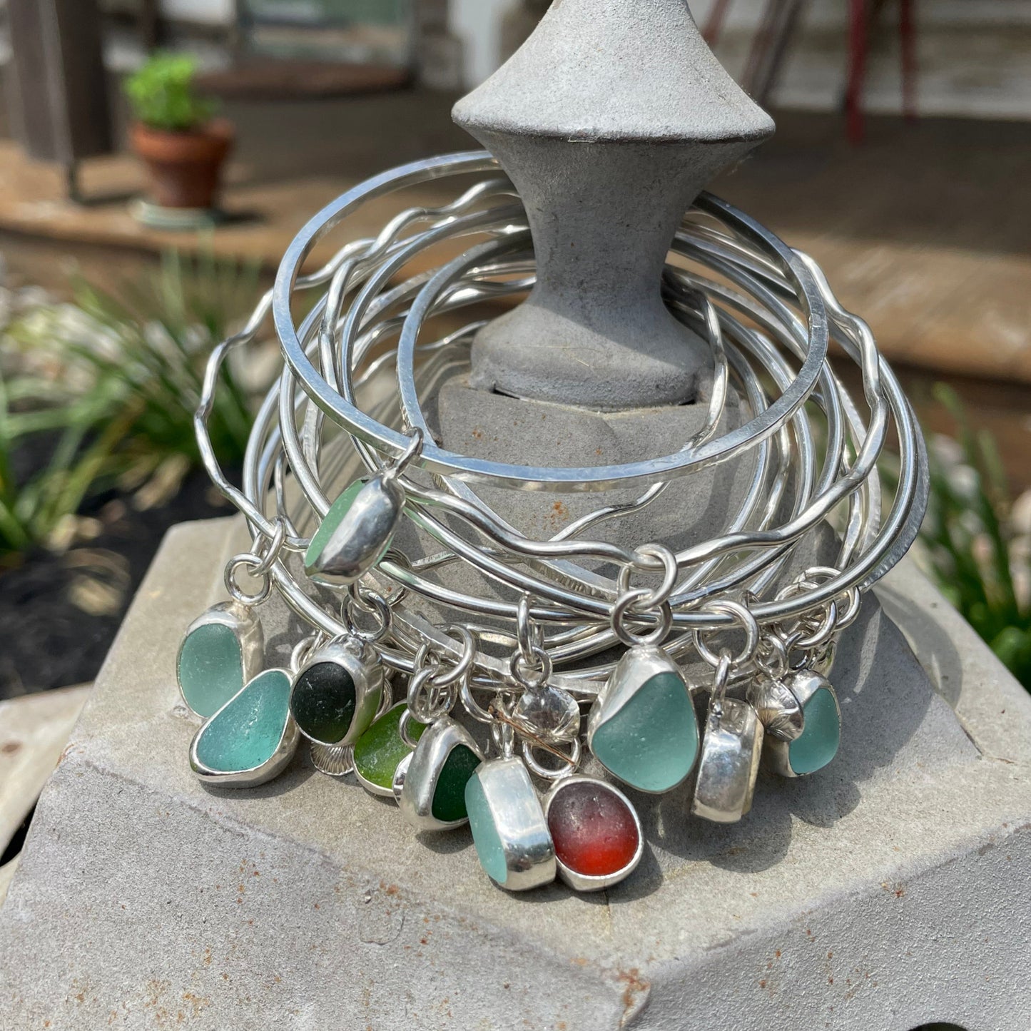 Wavy Lime Green Sea Glass Dangle Bangle - Size Small