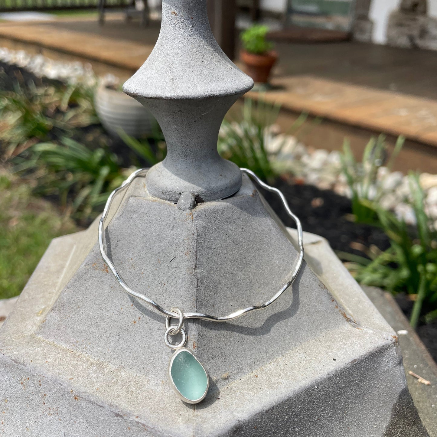 Pale Aquamarine Sea Glass Dangle Bangle - Size Small