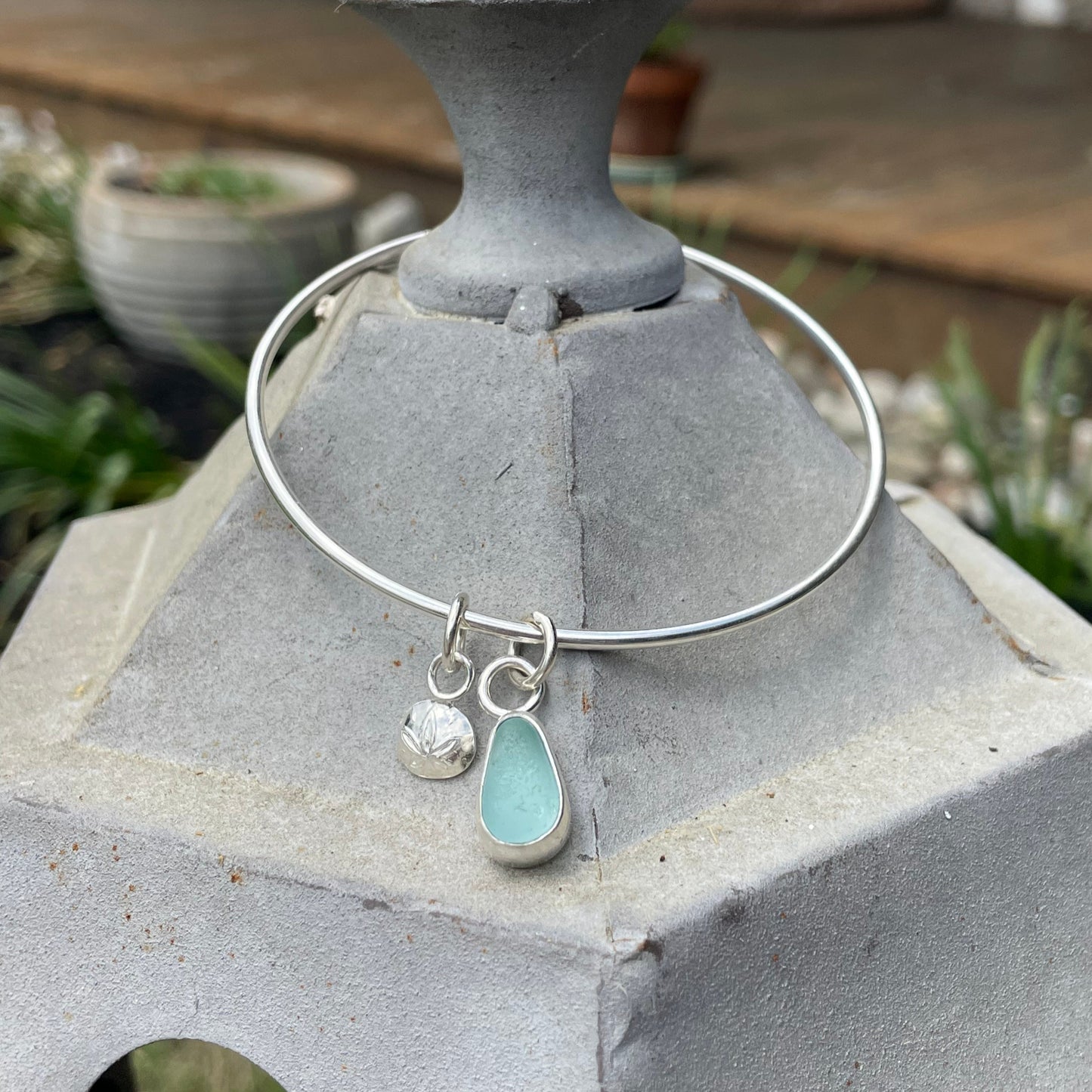 Light Aqua Marine Sea Glass Dangle Bangle - Size Large