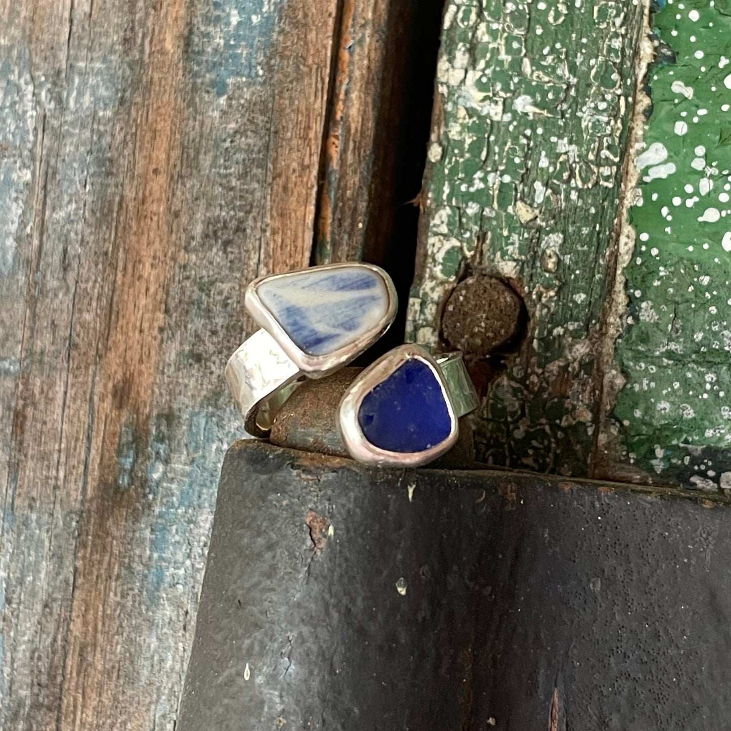 Cobalt Blue Sea Glass and Blue Sea Pottery Adjustable Ring -Size 8