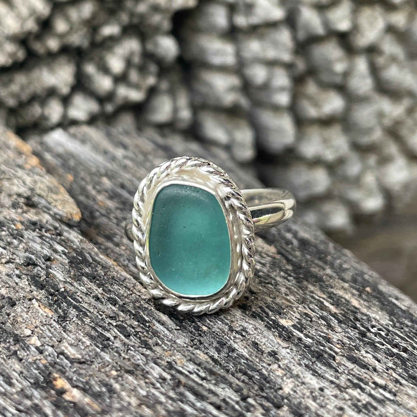 Twisted Teal Blue Sea Glass Ring - Size 9.25