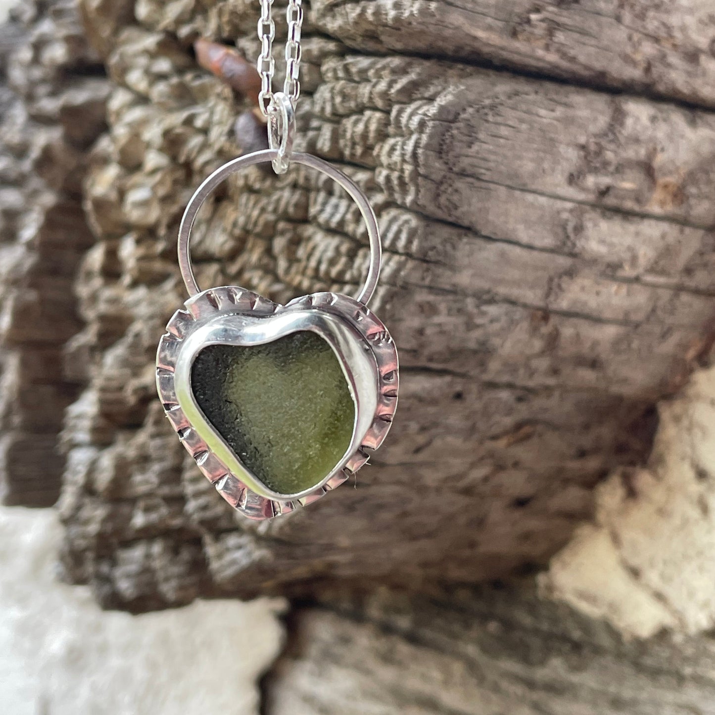 Olive Green Sea Glass Heart Necklace