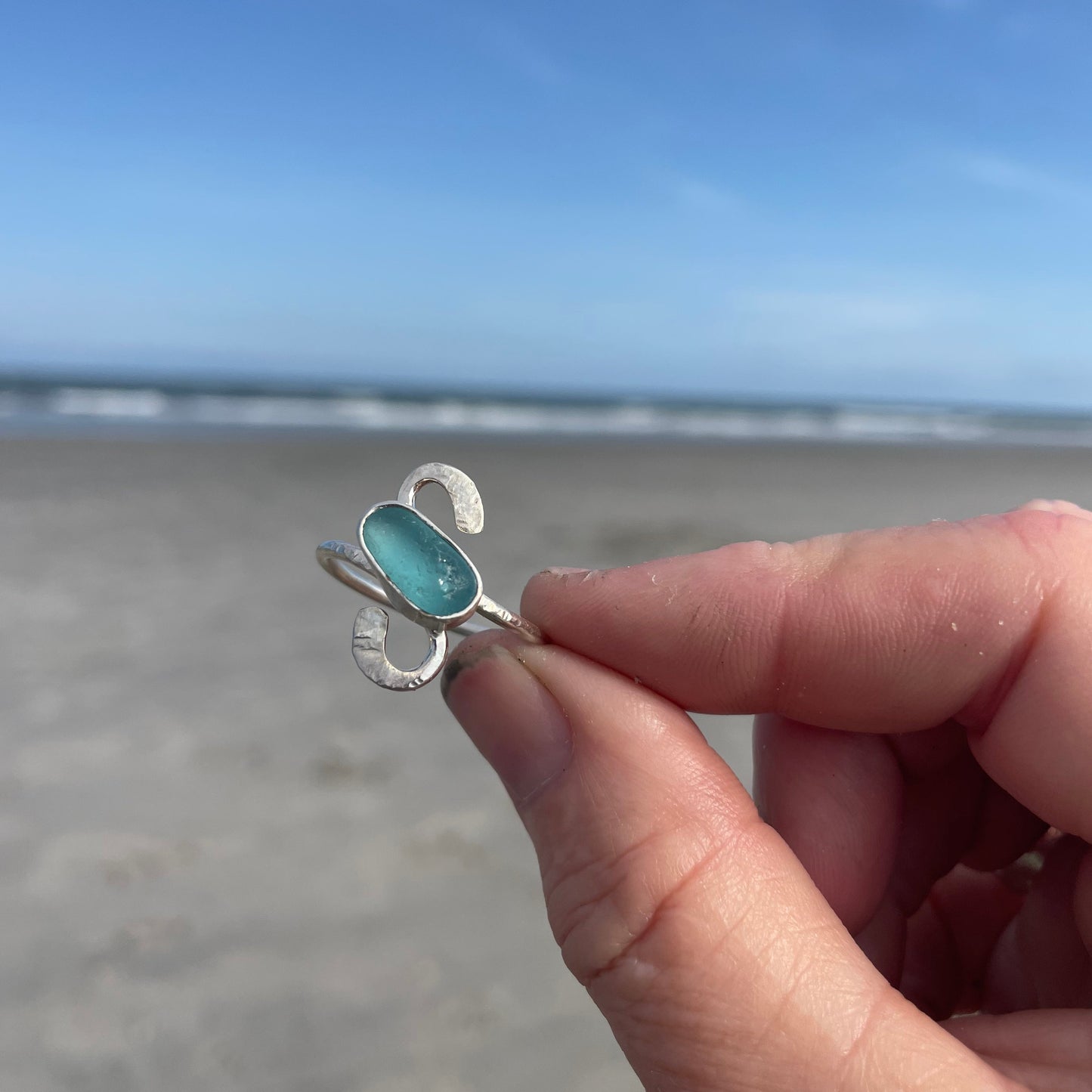 Teal Blue Sea Glass Ring - Size 10.5