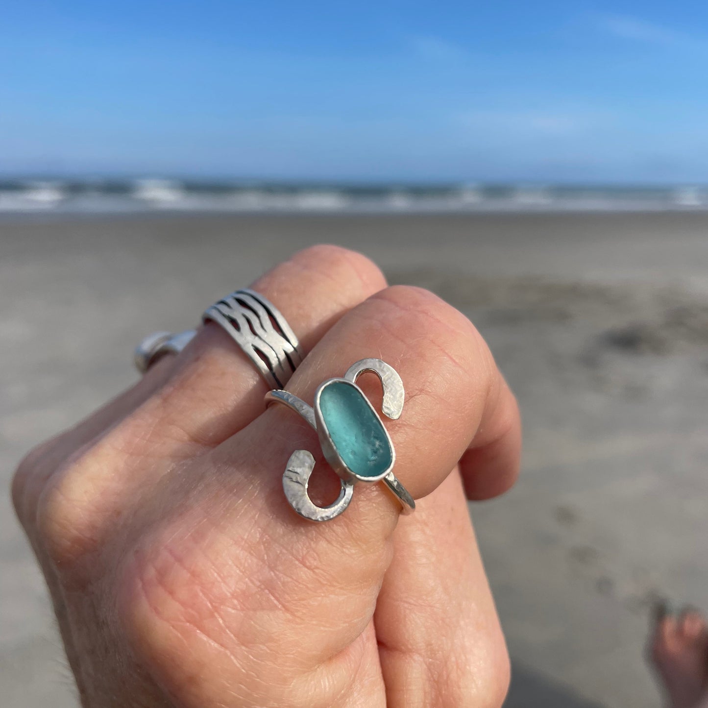 Teal Blue Sea Glass Ring - Size 10.5