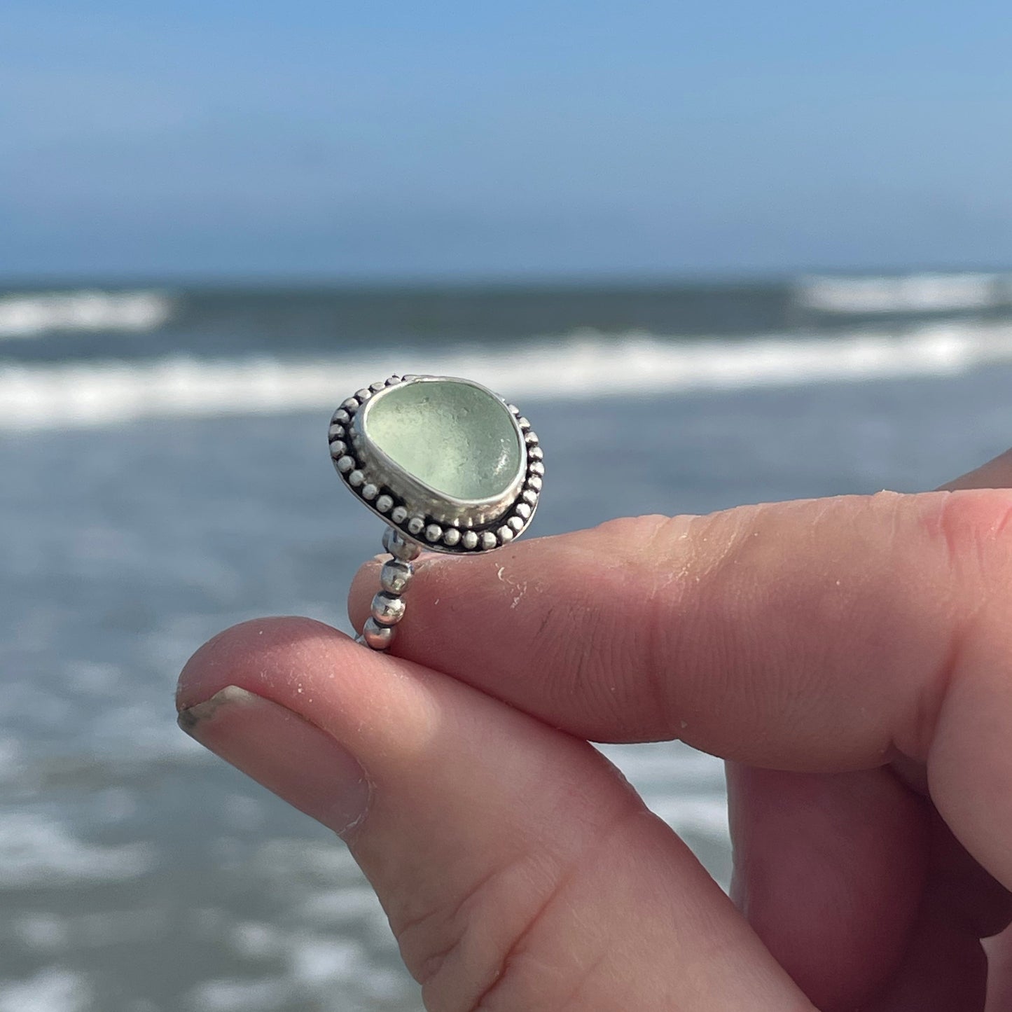 Beaded Sea Foam Green Ring Size 5.5