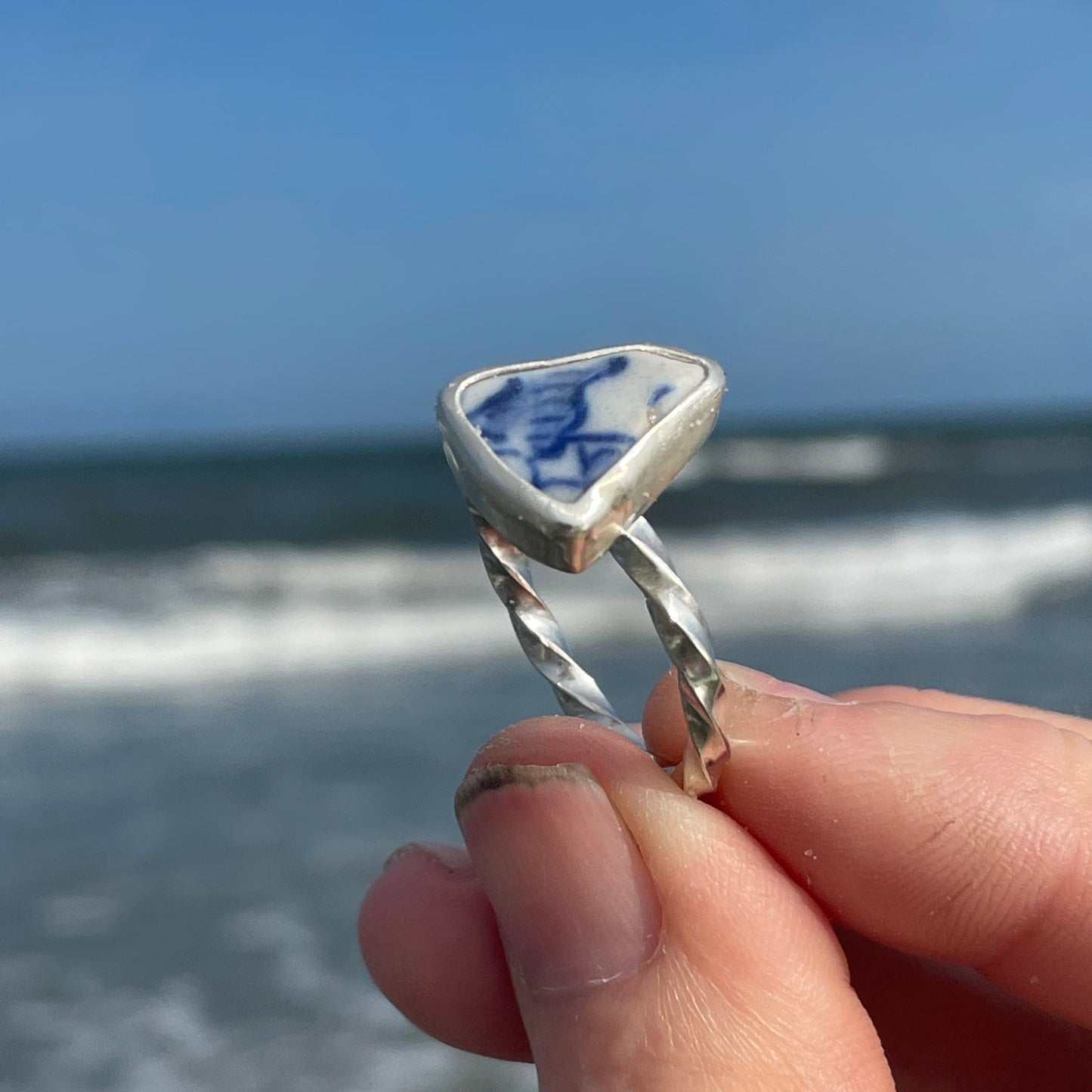 Blue Sea Pottery Ring - Size 11