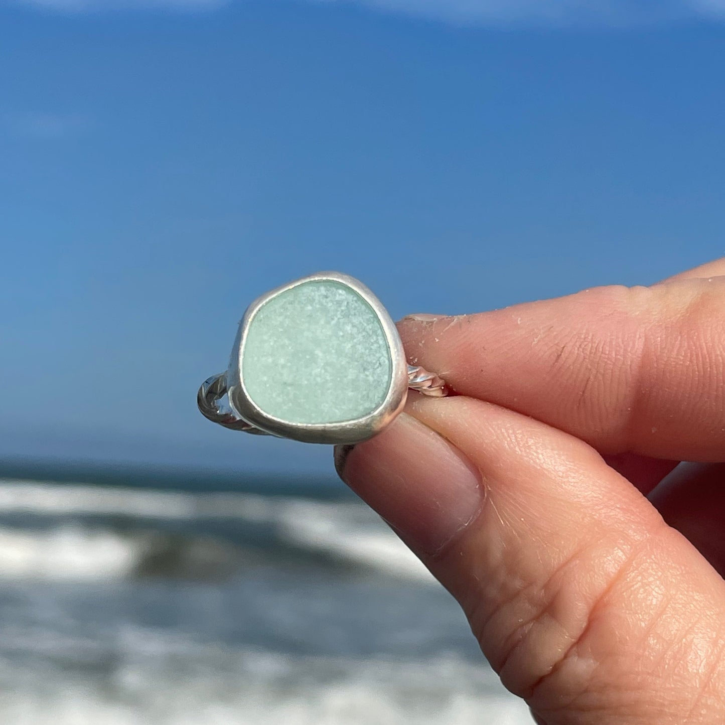 Aqua Marine Sea Glass Ring -Size 10