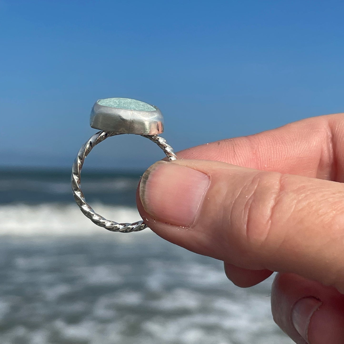 Aqua Marine Sea Glass Ring -Size 10