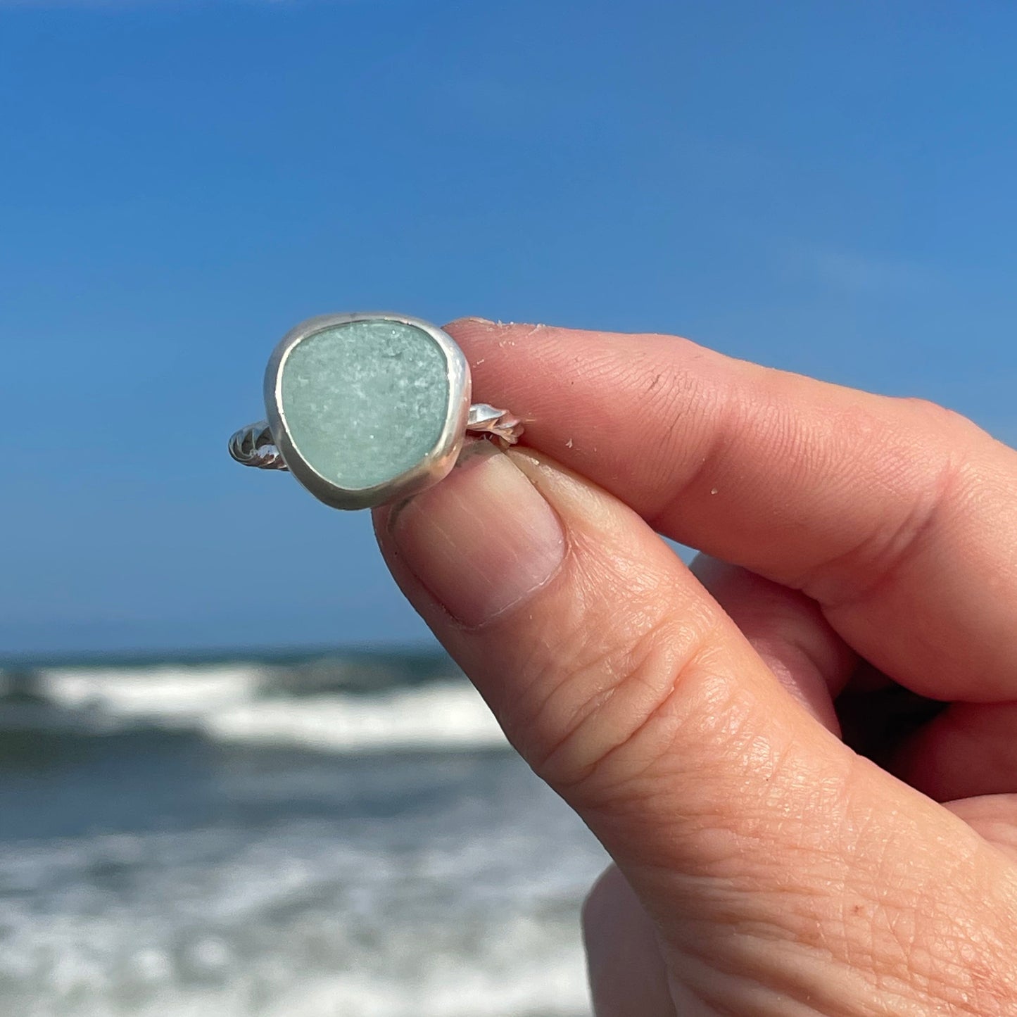 Aqua Marine Sea Glass Ring -Size 10