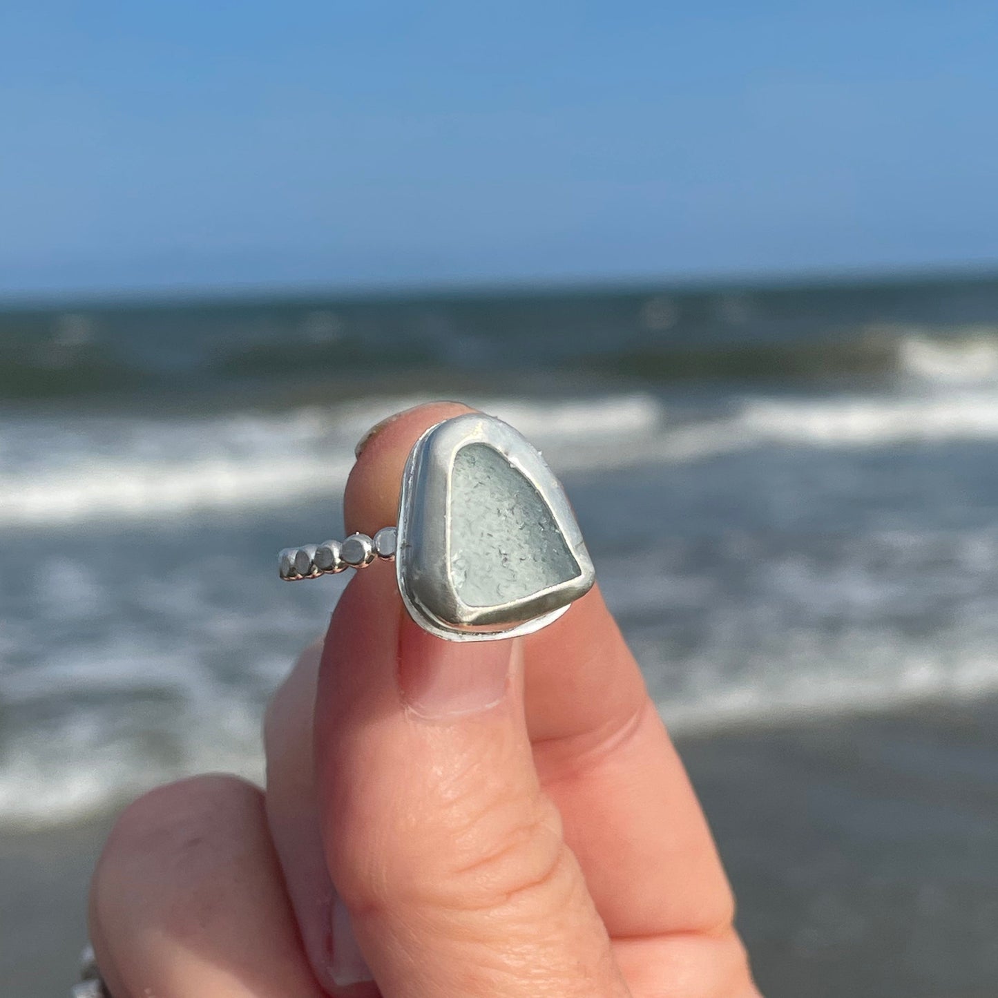 Smokey Blue Sea Glass Ring - Size 9