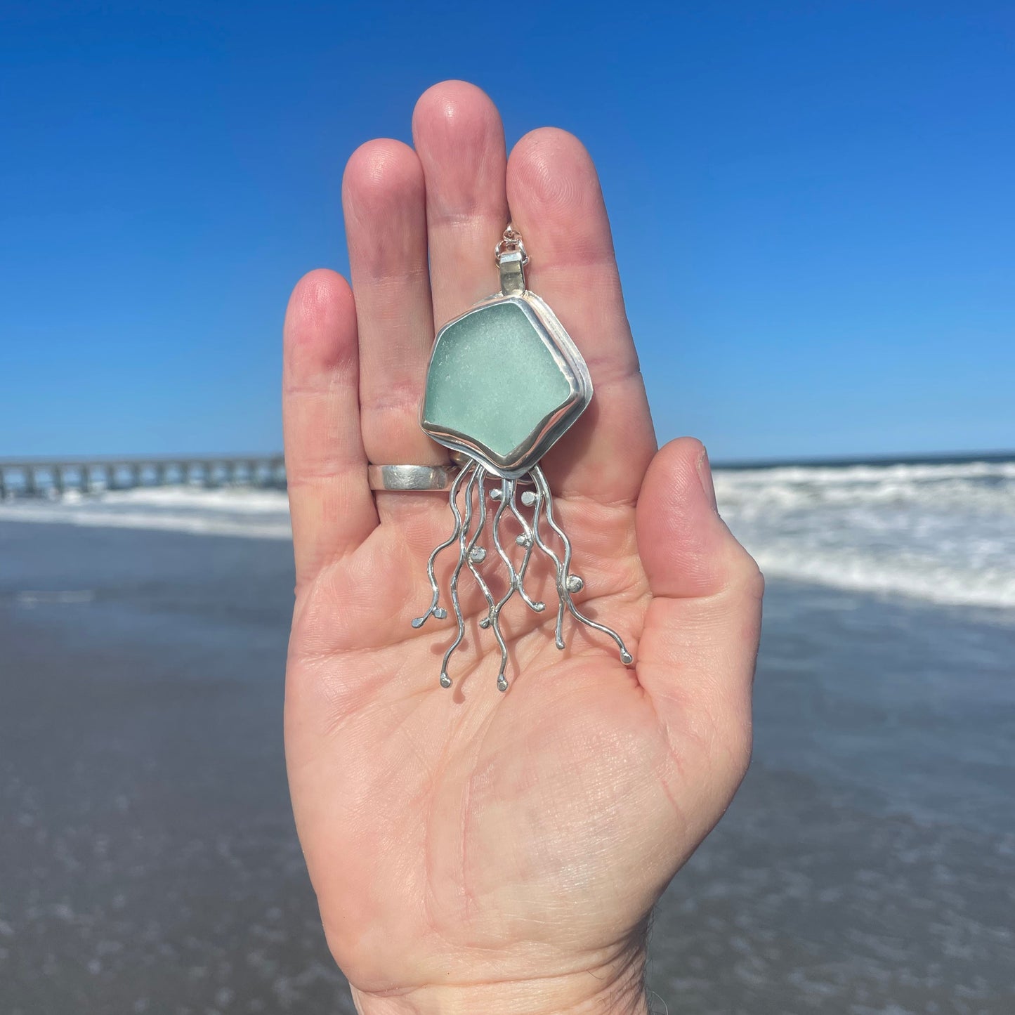 Light Aquamarine Sea Glass Jellyfish Pendant