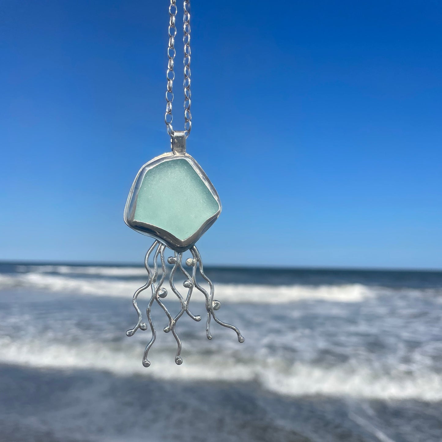 Light Aquamarine Sea Glass Jellyfish Pendant