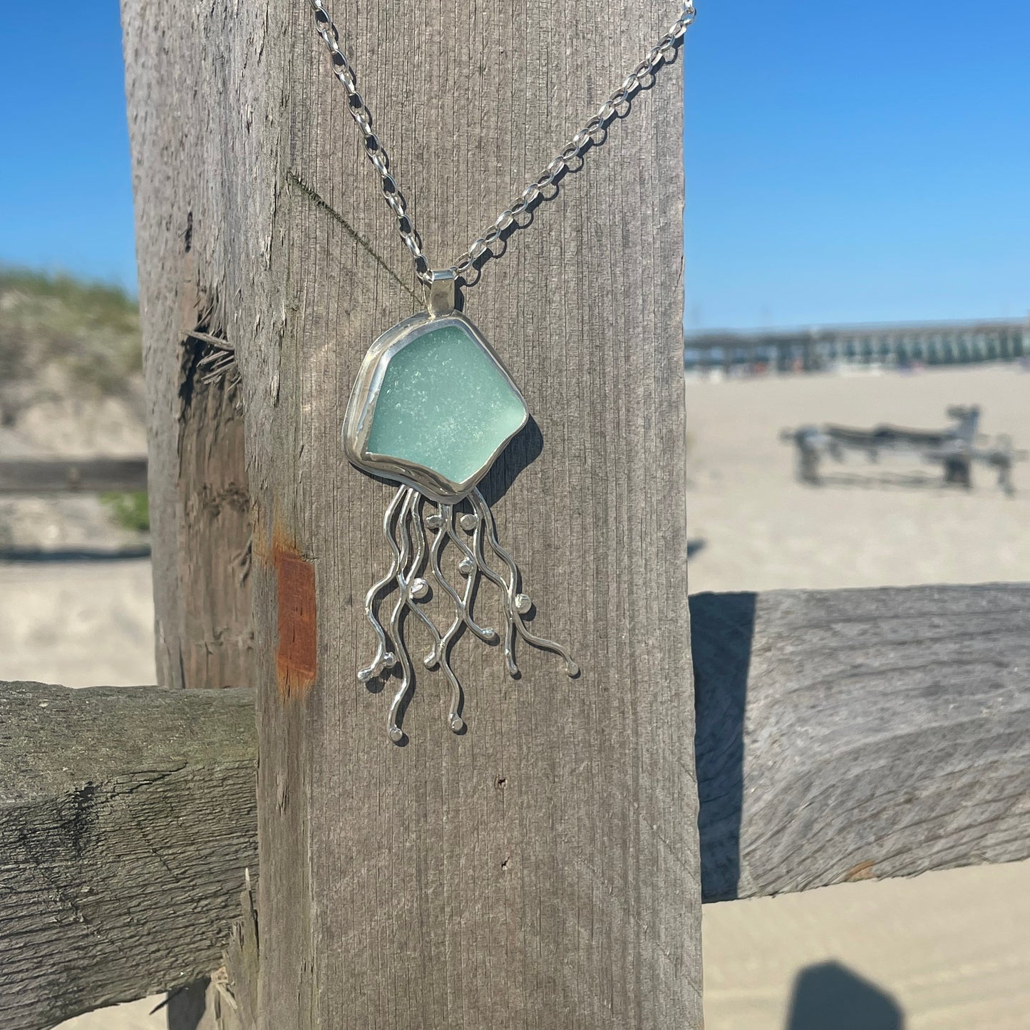 Light Aquamarine Sea Glass Jellyfish Pendant