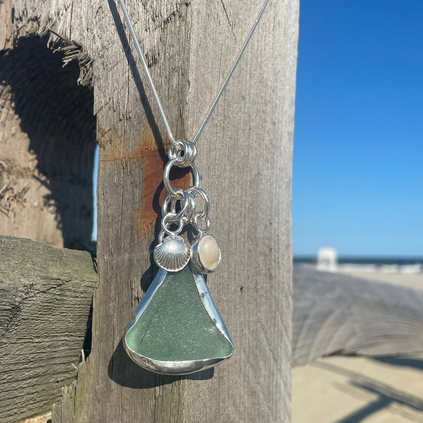 Light Teal Gray Charm & Shell Necklace