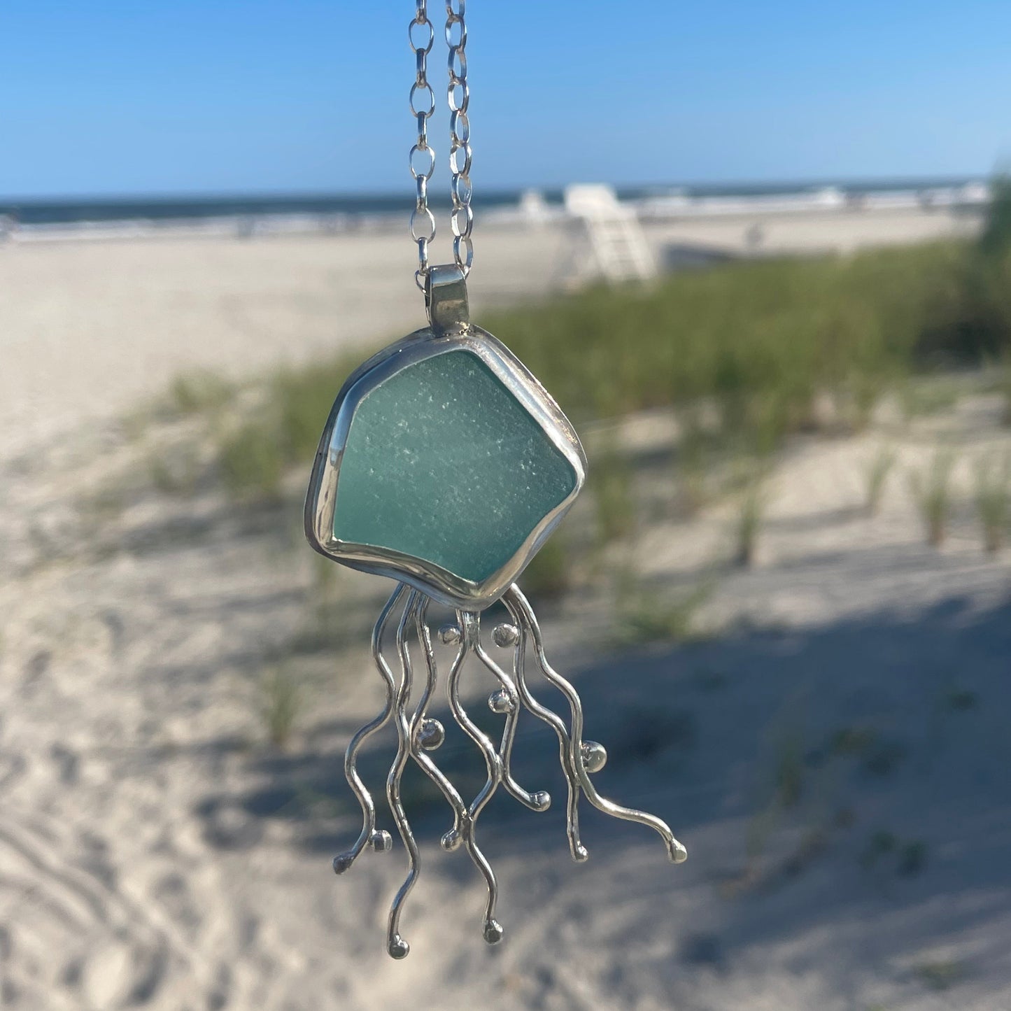 Light Aquamarine Sea Glass Jellyfish Pendant