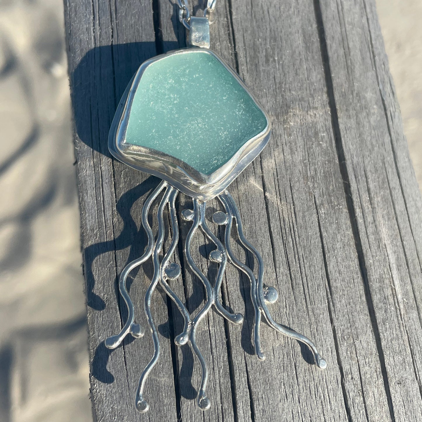 Light Aquamarine Sea Glass Jellyfish Pendant