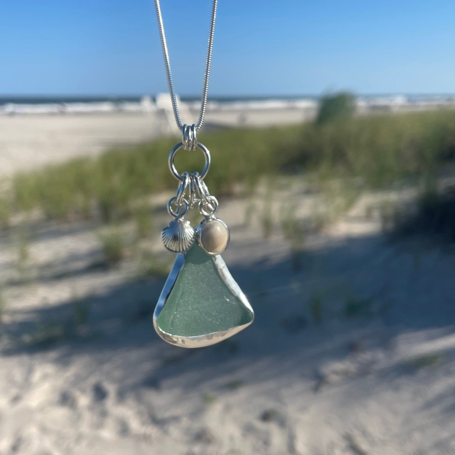 Light Teal Gray Charm & Shell Necklace