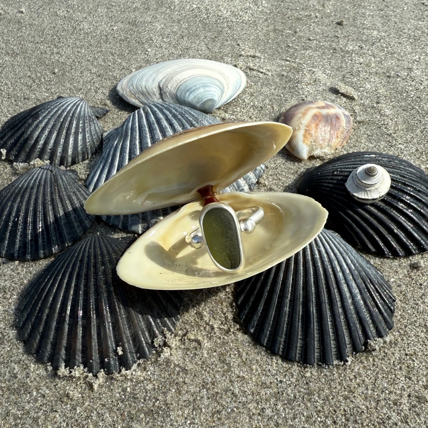 Olive Green Sea Glass Ring - Size 7