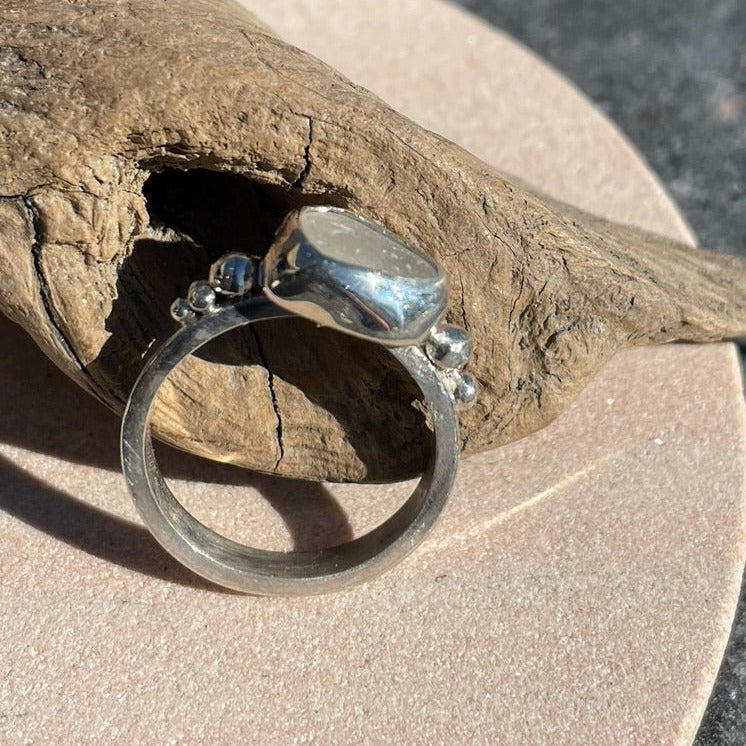 Beaded Frosty White Sea Glass Ring - Size 5.75