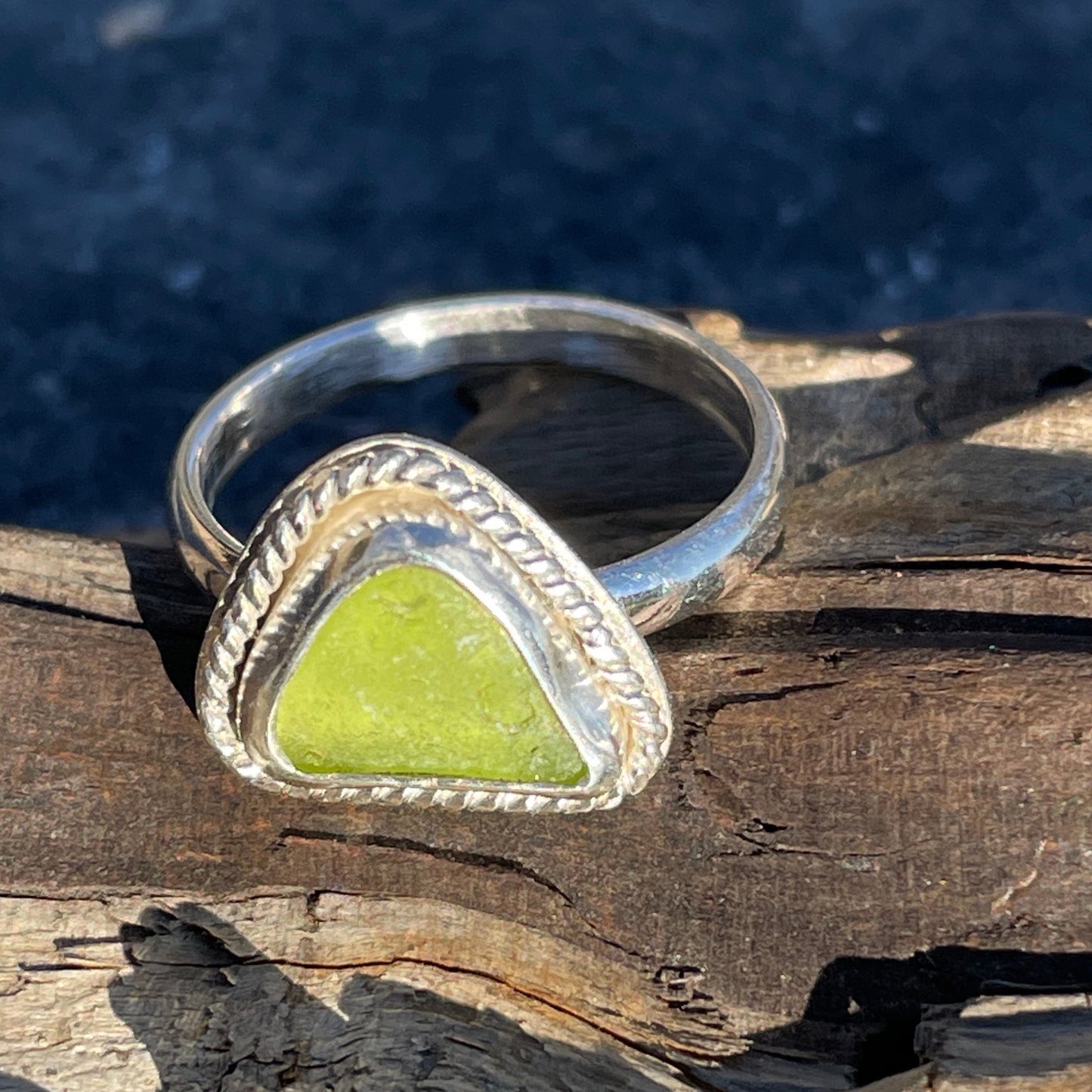 Lime Green Twisted Sea Glass Ring - Size 7