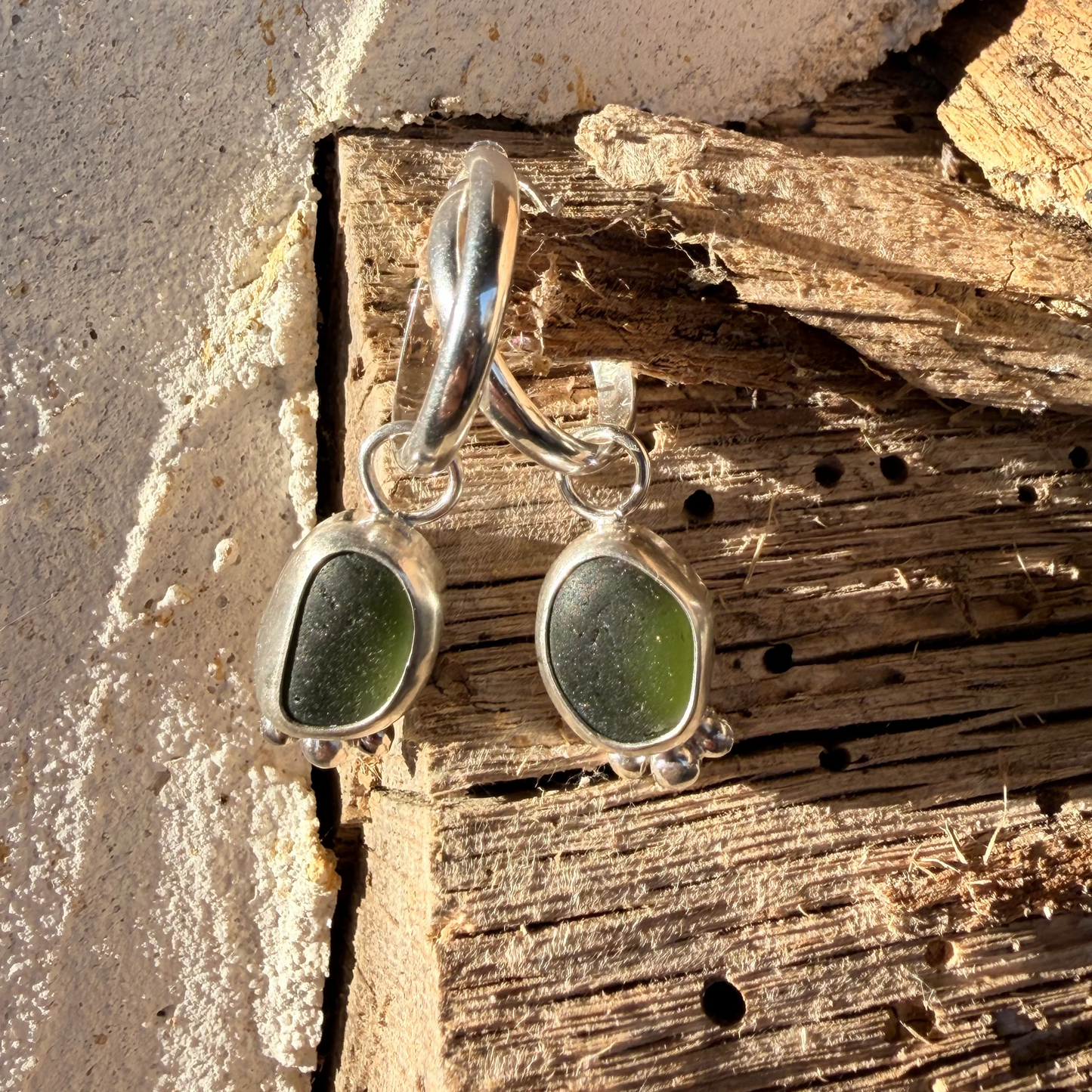 Olive Green Sea Glass Hoop Earrings